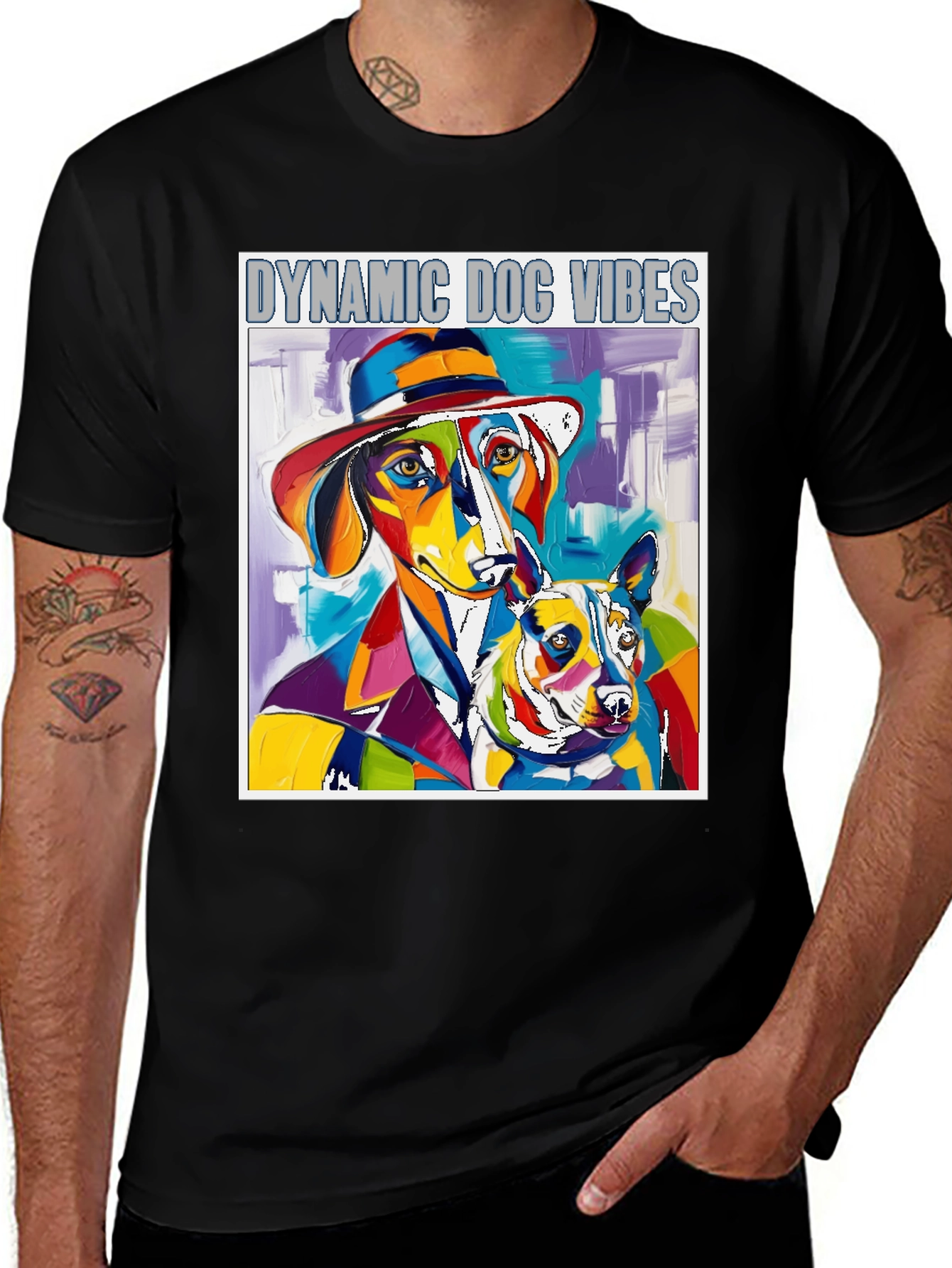 Dynamic Dog Vibes T-Shirt - Artistic Colorful Graphic Tee