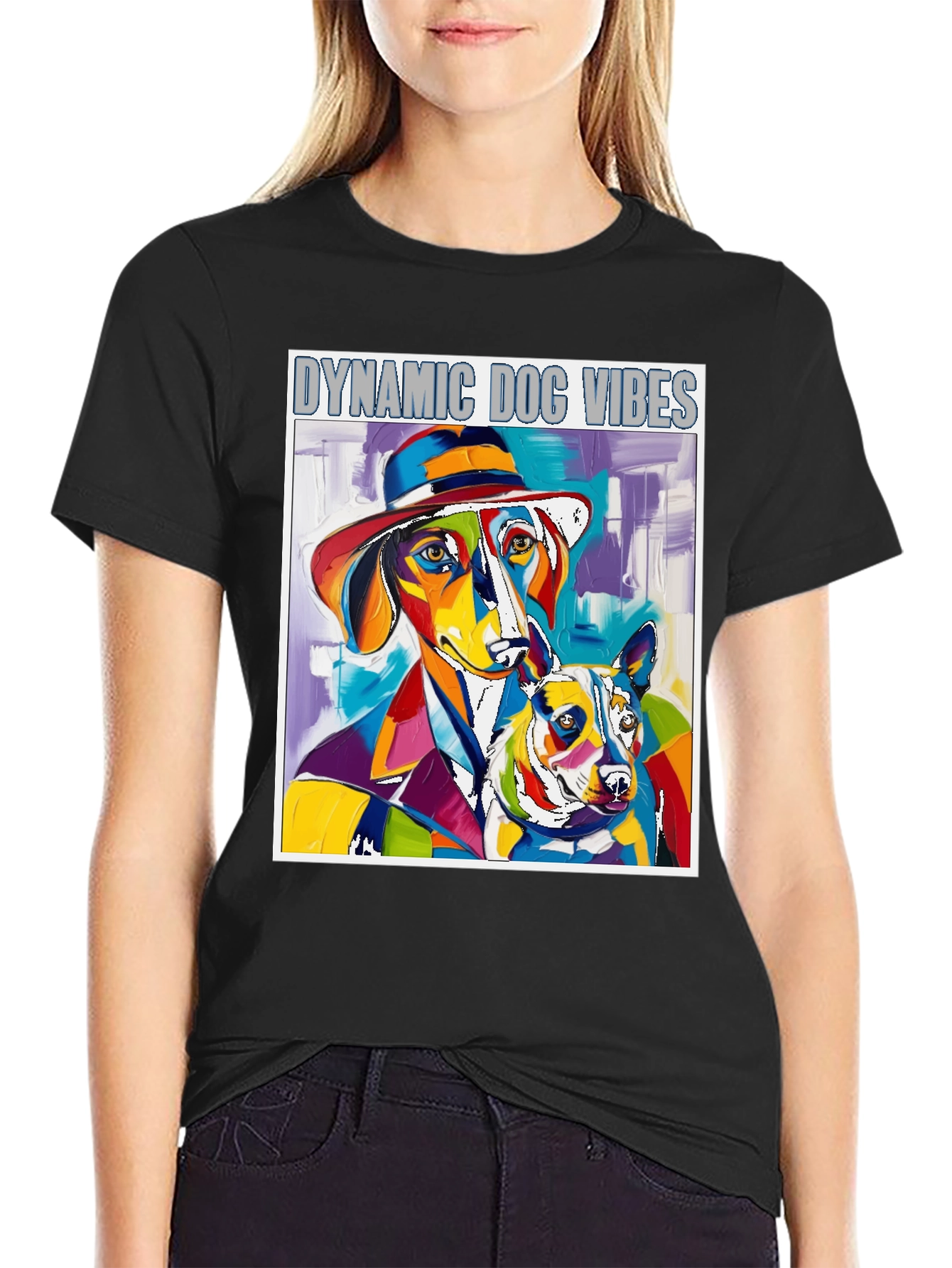 Dynamic Dog Vibes T-Shirt - Artistic Colorful Graphic Tee