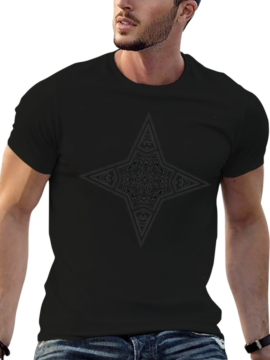 Geometric Star Graphic Tee - Black Cotton Blend