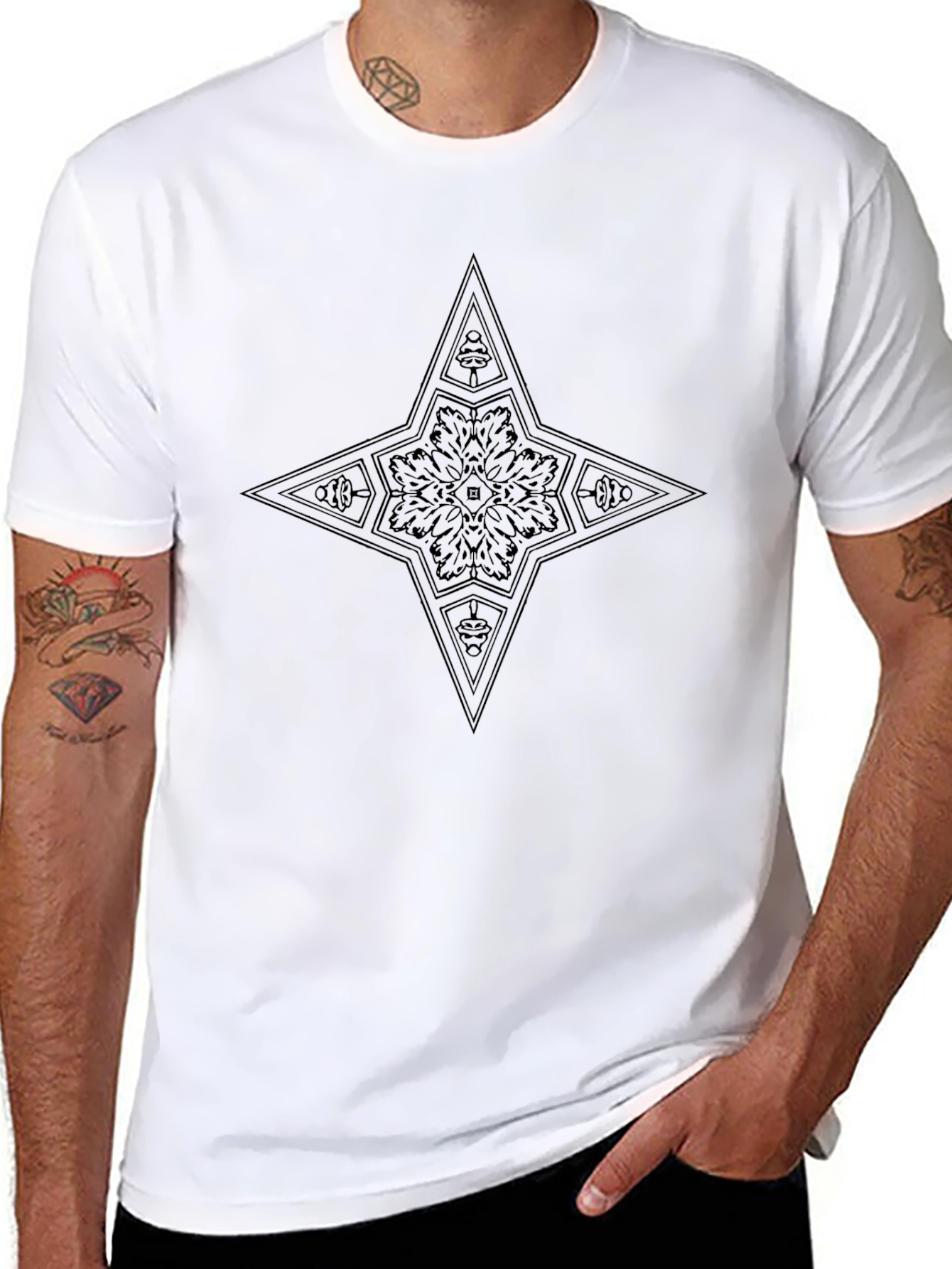 Geometric Star Graphic Tee - Black Cotton Blend