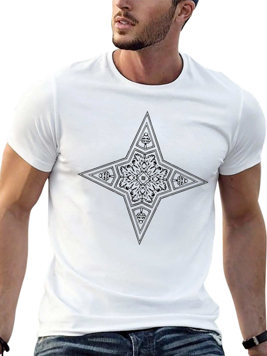 Geometric Star Graphic Tee - Black Cotton Blend