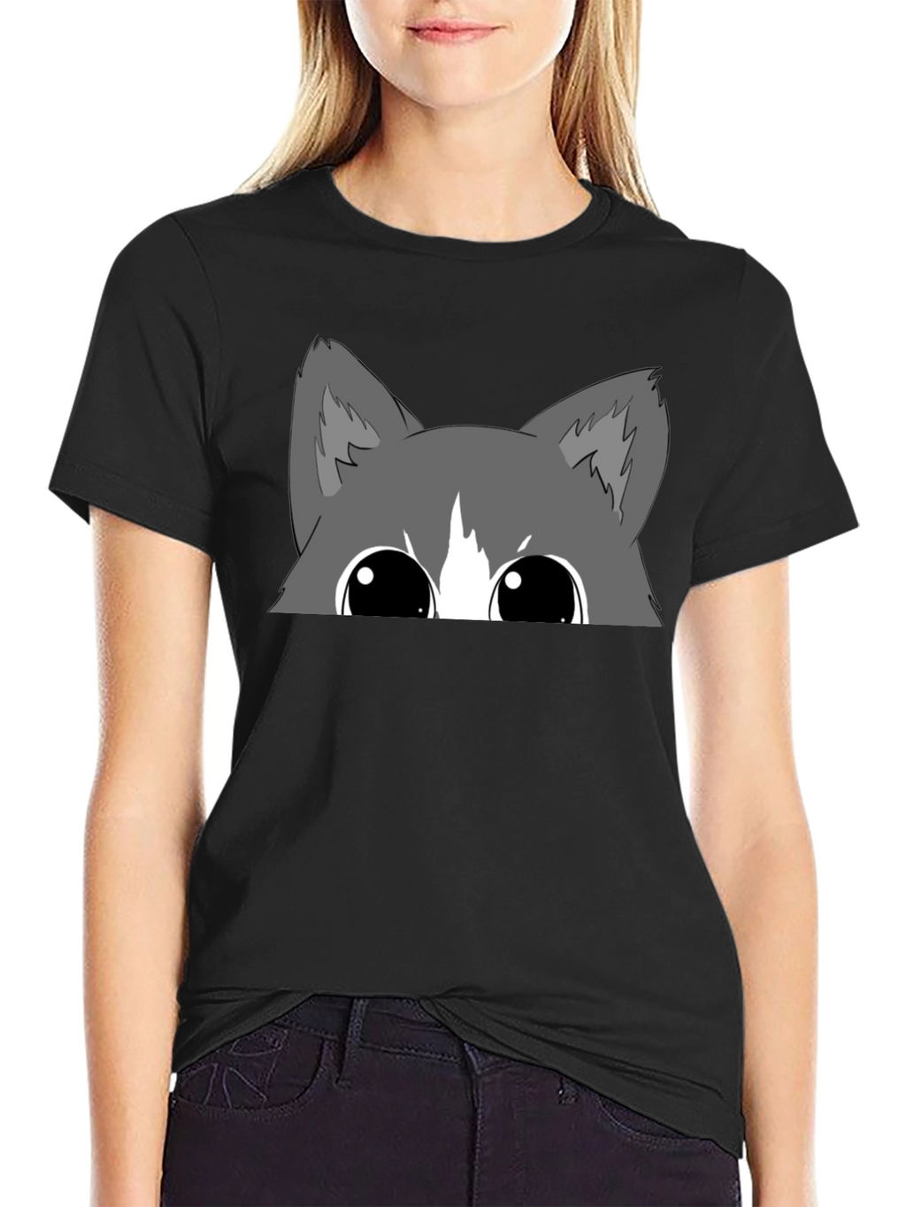 Peek-a-Boo Cat Graphic Tee - Black Cotton Blend