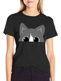 Peek-a-Boo Cat Graphic Tee - Black Cotton Blend