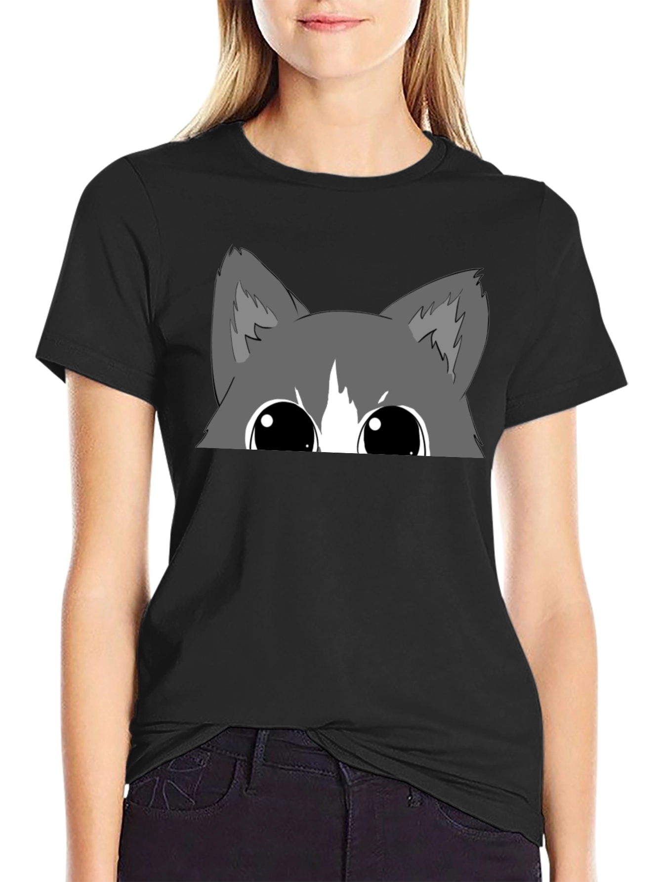 Peek-a-Boo Cat Graphic Tee - Black Cotton Blend