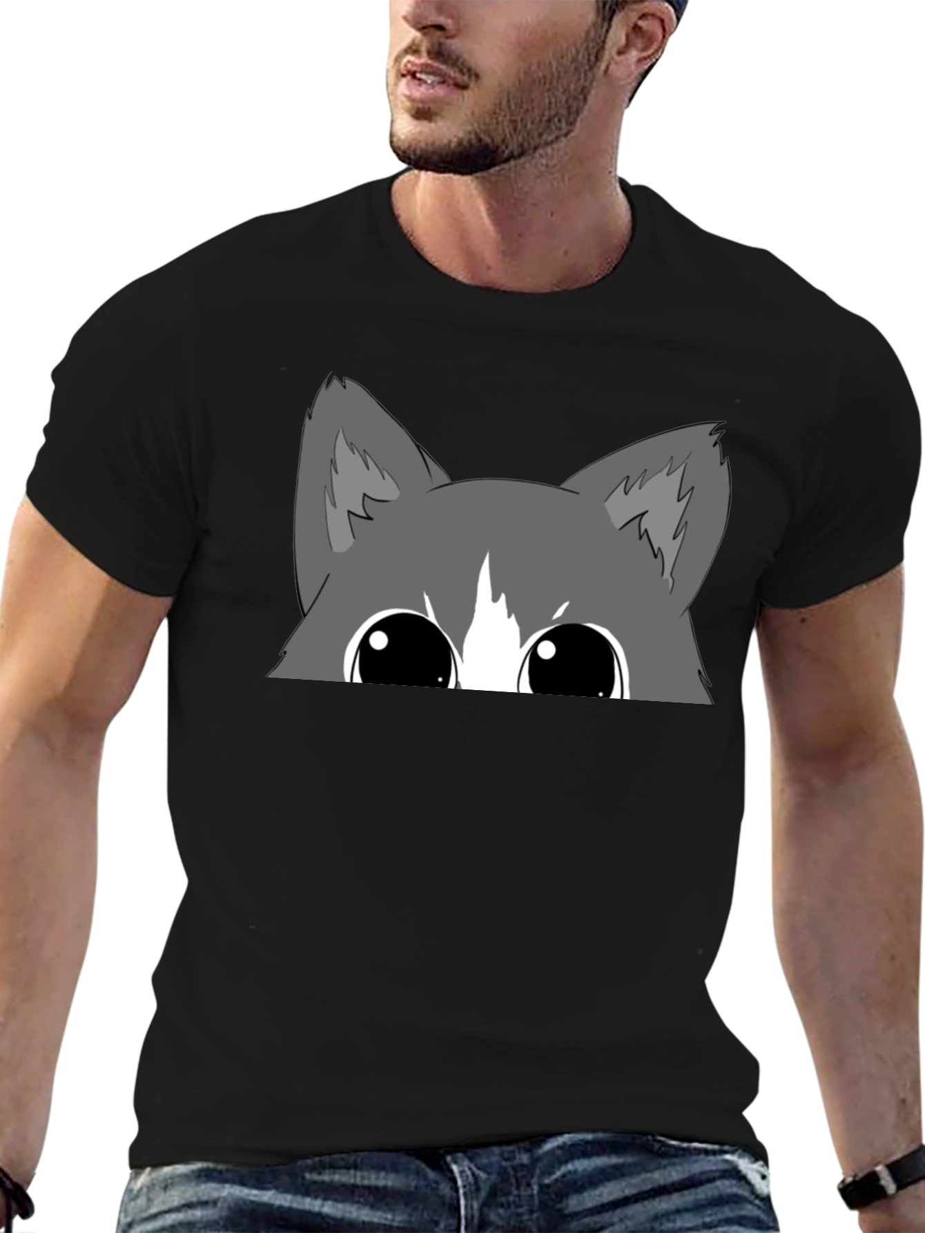 Peek-a-Boo Cat Graphic Tee - Black Cotton Blend