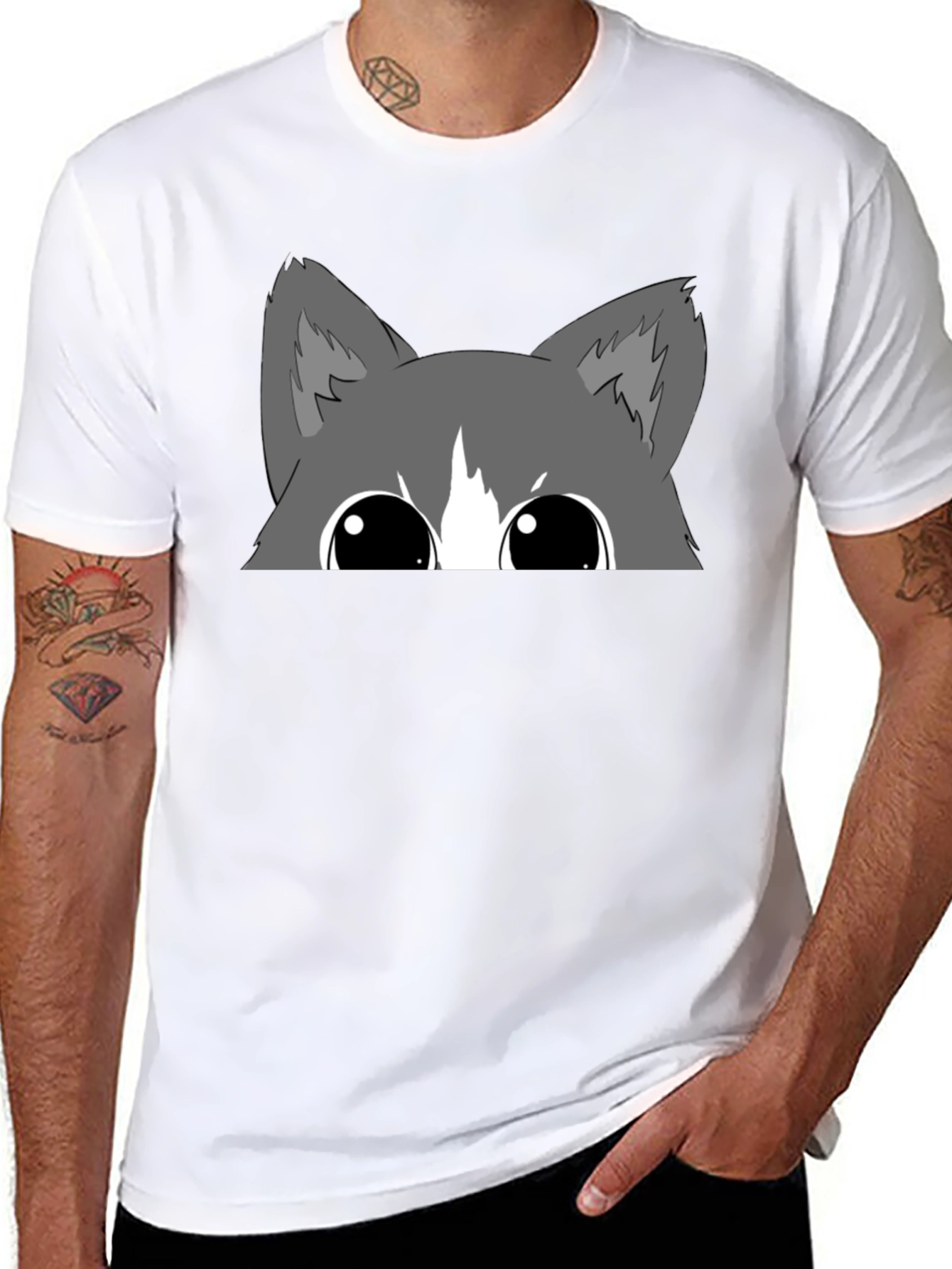 Peek-a-Boo Cat Graphic Tee - Black Cotton Blend
