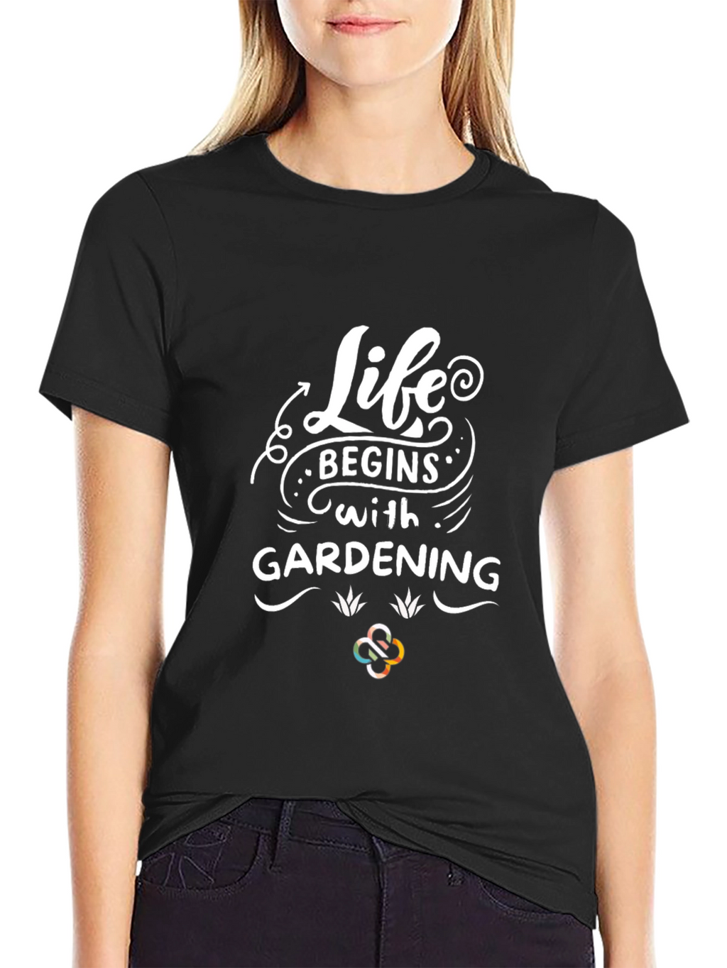 Life Begins With Gardening Black Cotton Graphic Tee