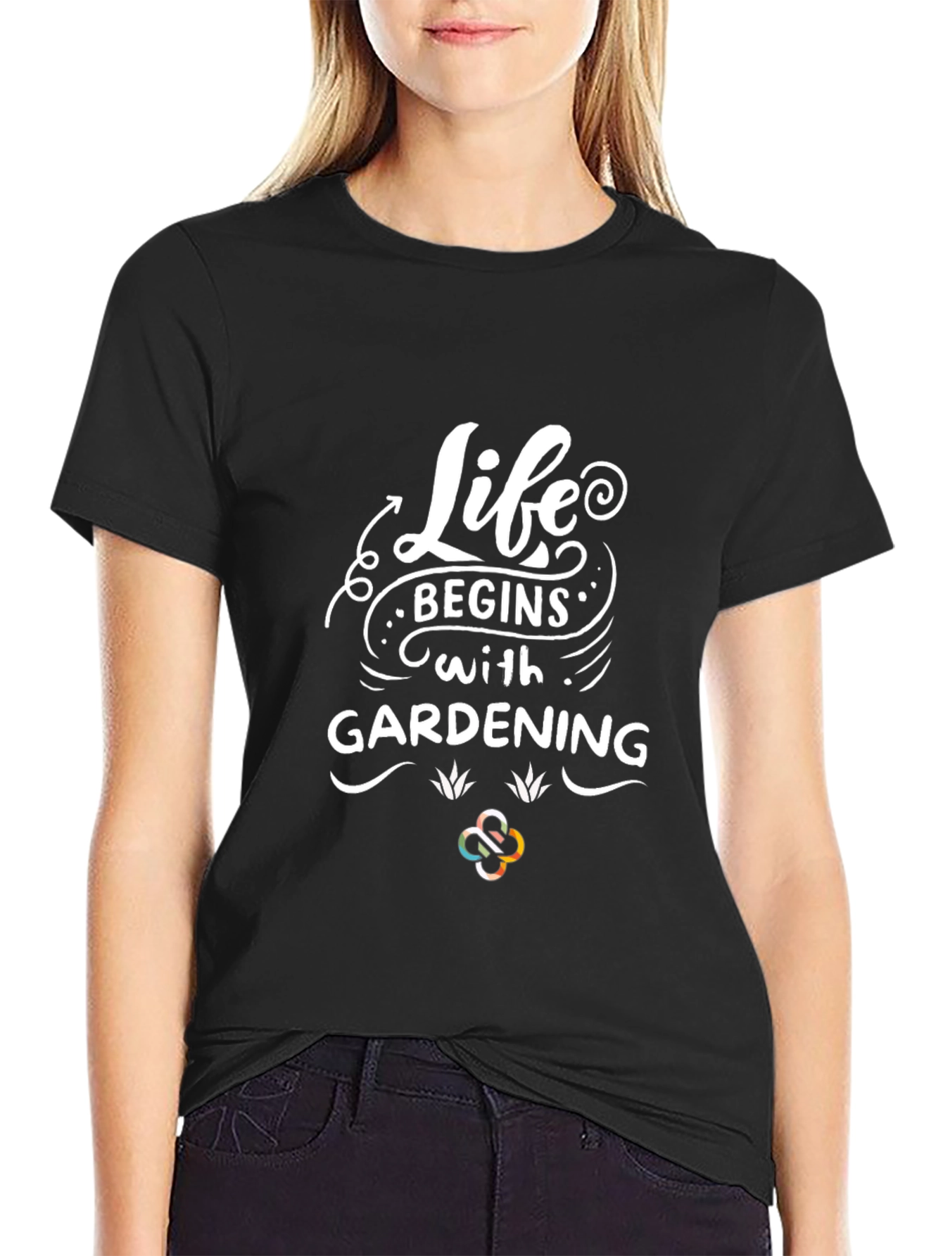 Life Begins With Gardening Black Cotton Graphic Tee