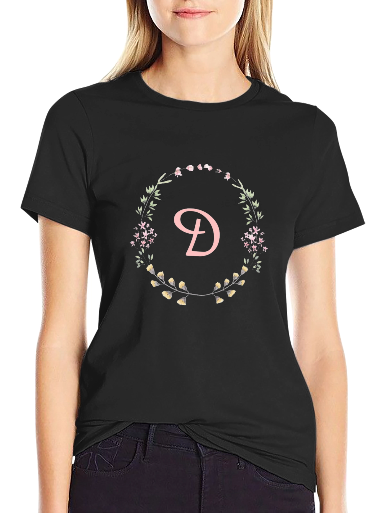 Floral Letter D Black T-Shirt