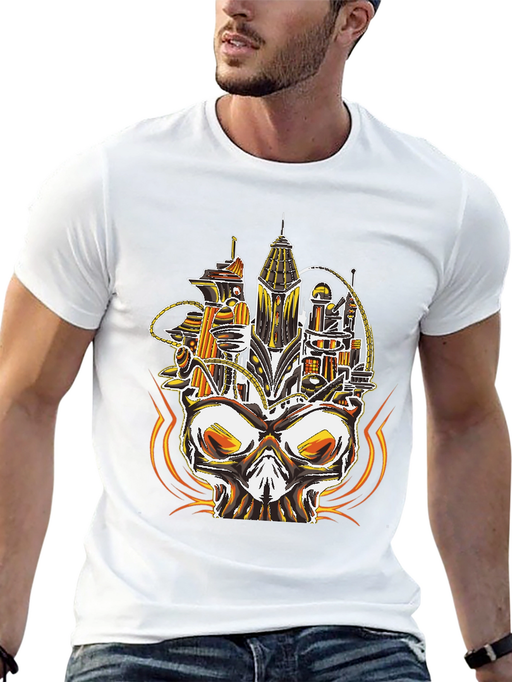 Steampunk Skull City Graphic Tee - Unique Design