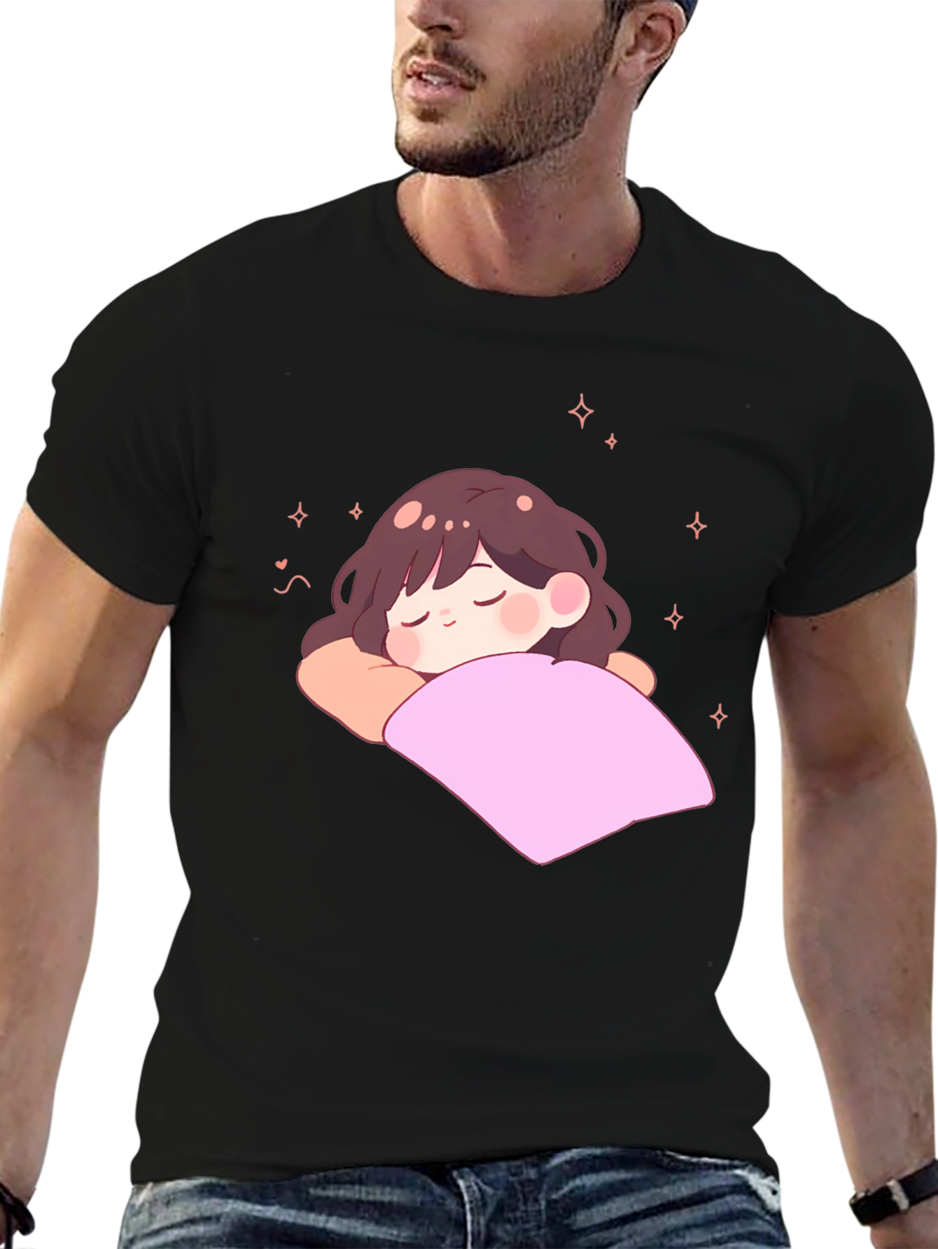 Cute Sleeping Anime Girl Black T-Shirt