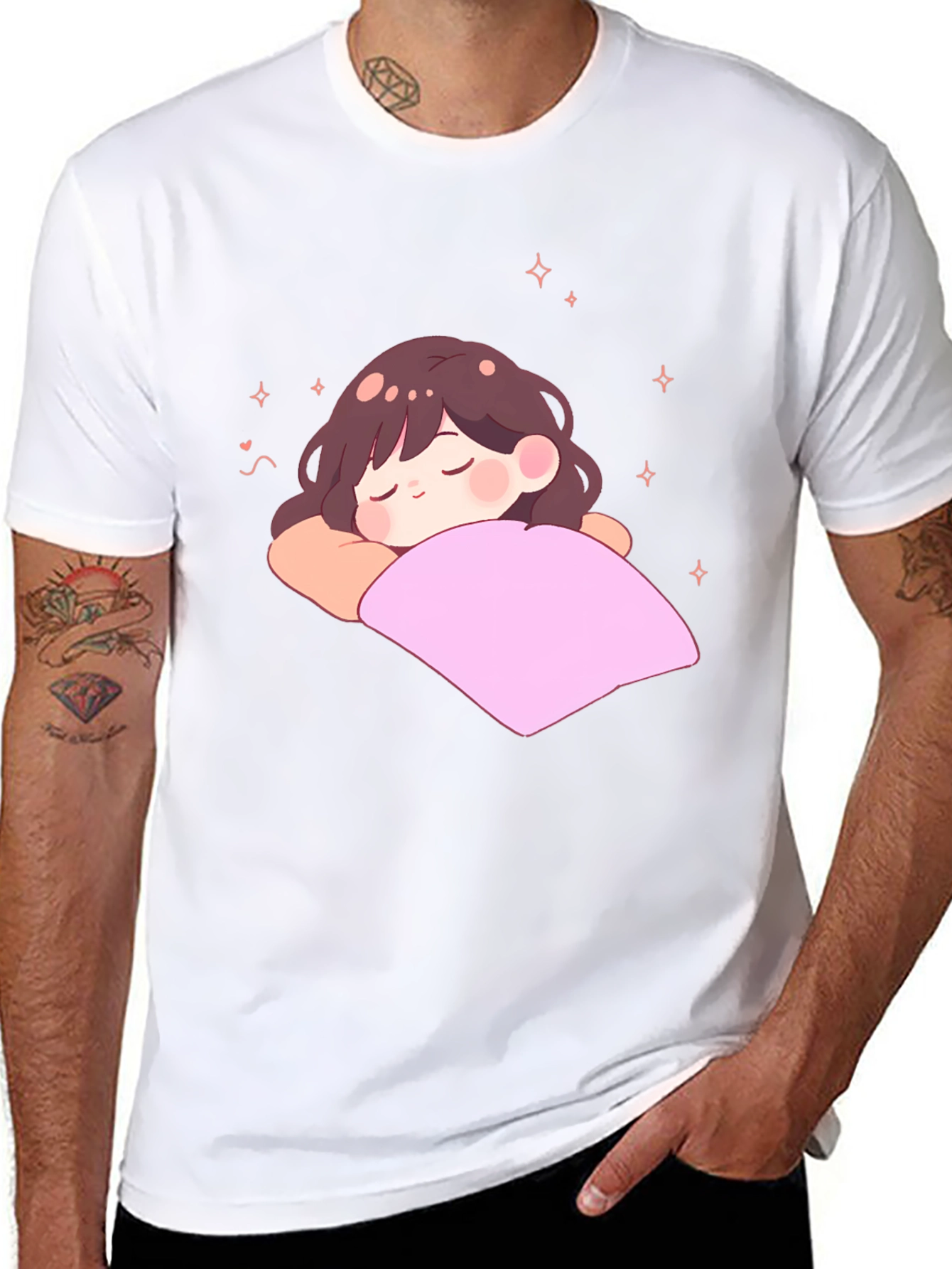 Cute Sleeping Anime Girl Black T-Shirt