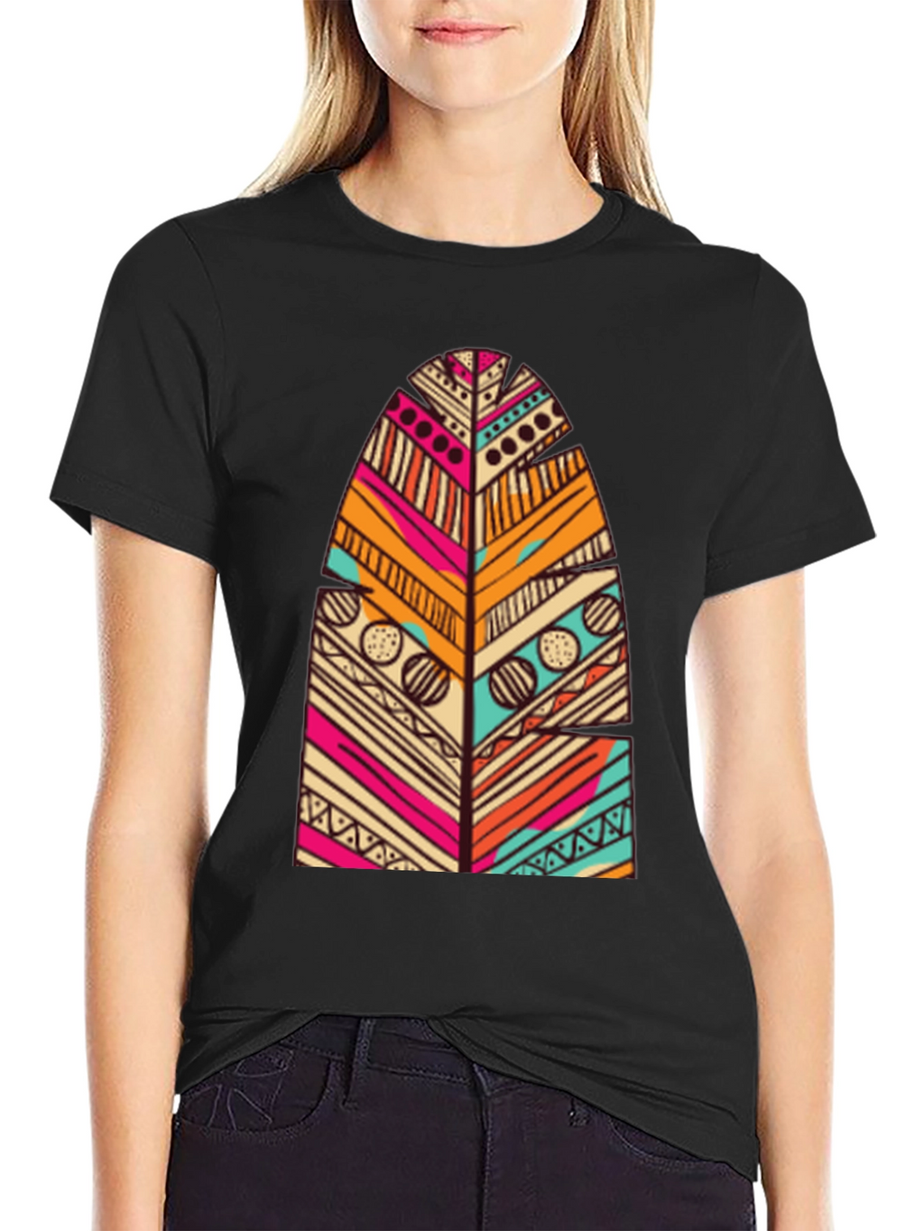 Tribal Feather Print Black T-Shirt