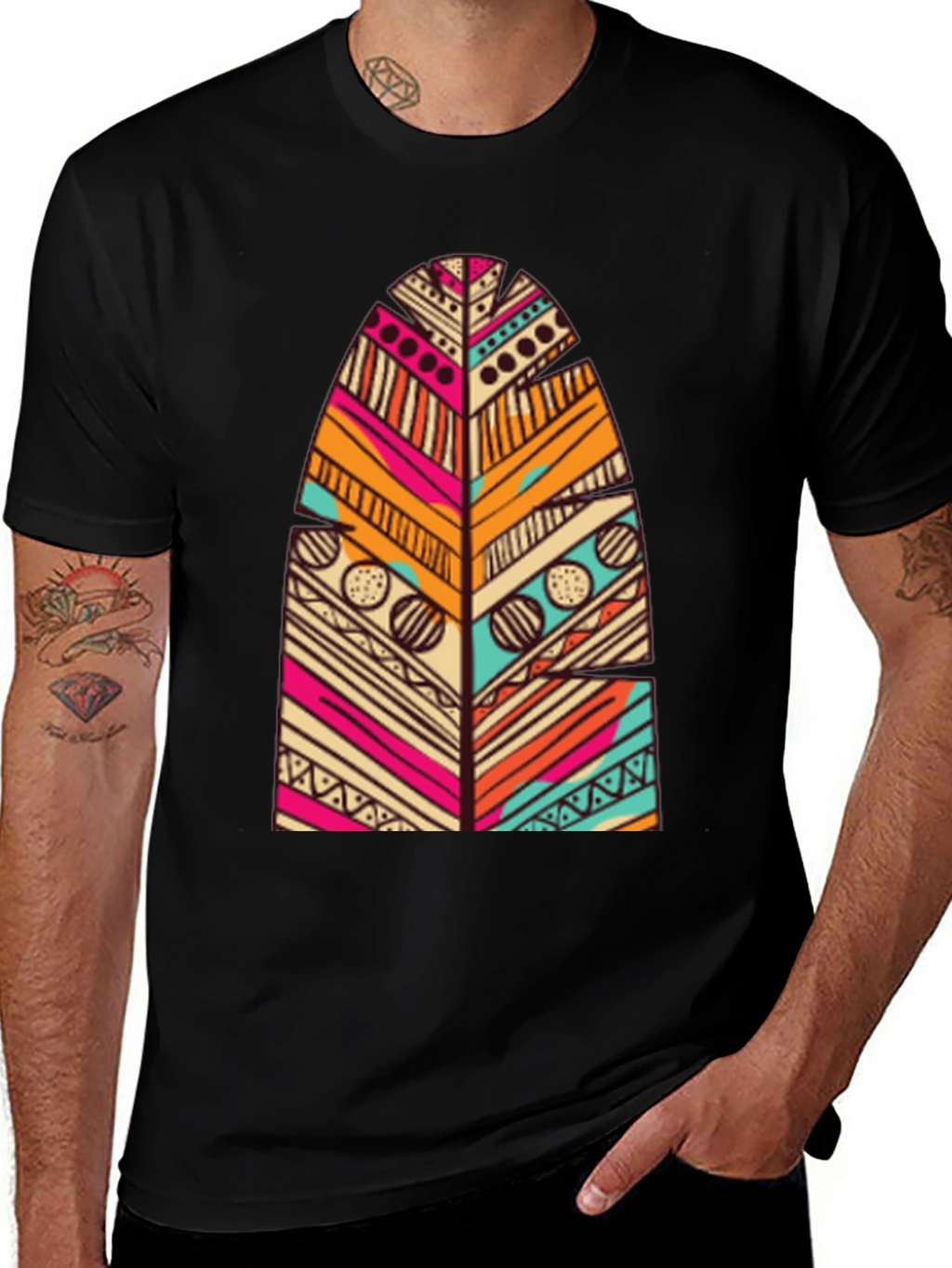 Tribal Feather Print Black T-Shirt