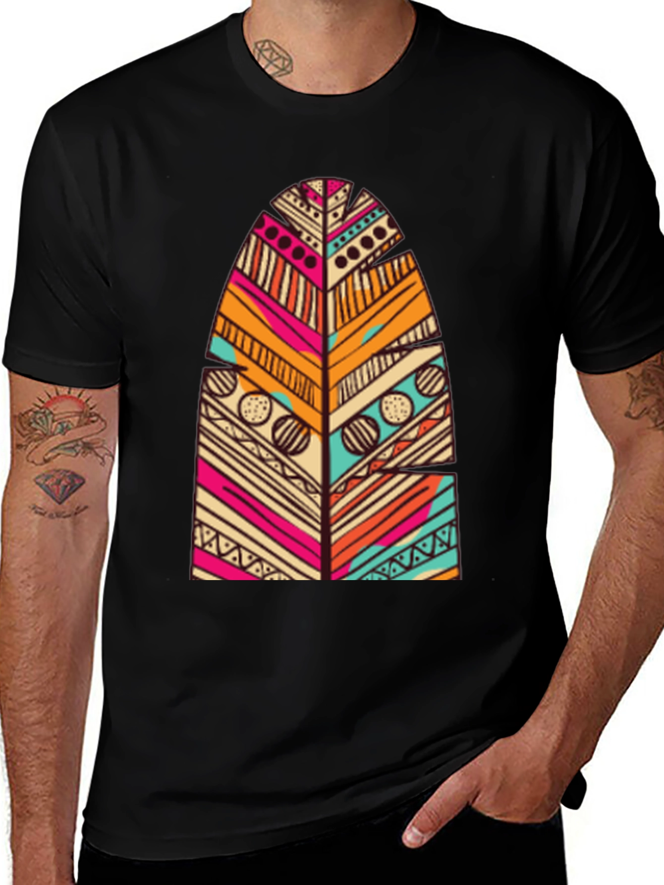 Tribal Feather Print Black T-Shirt