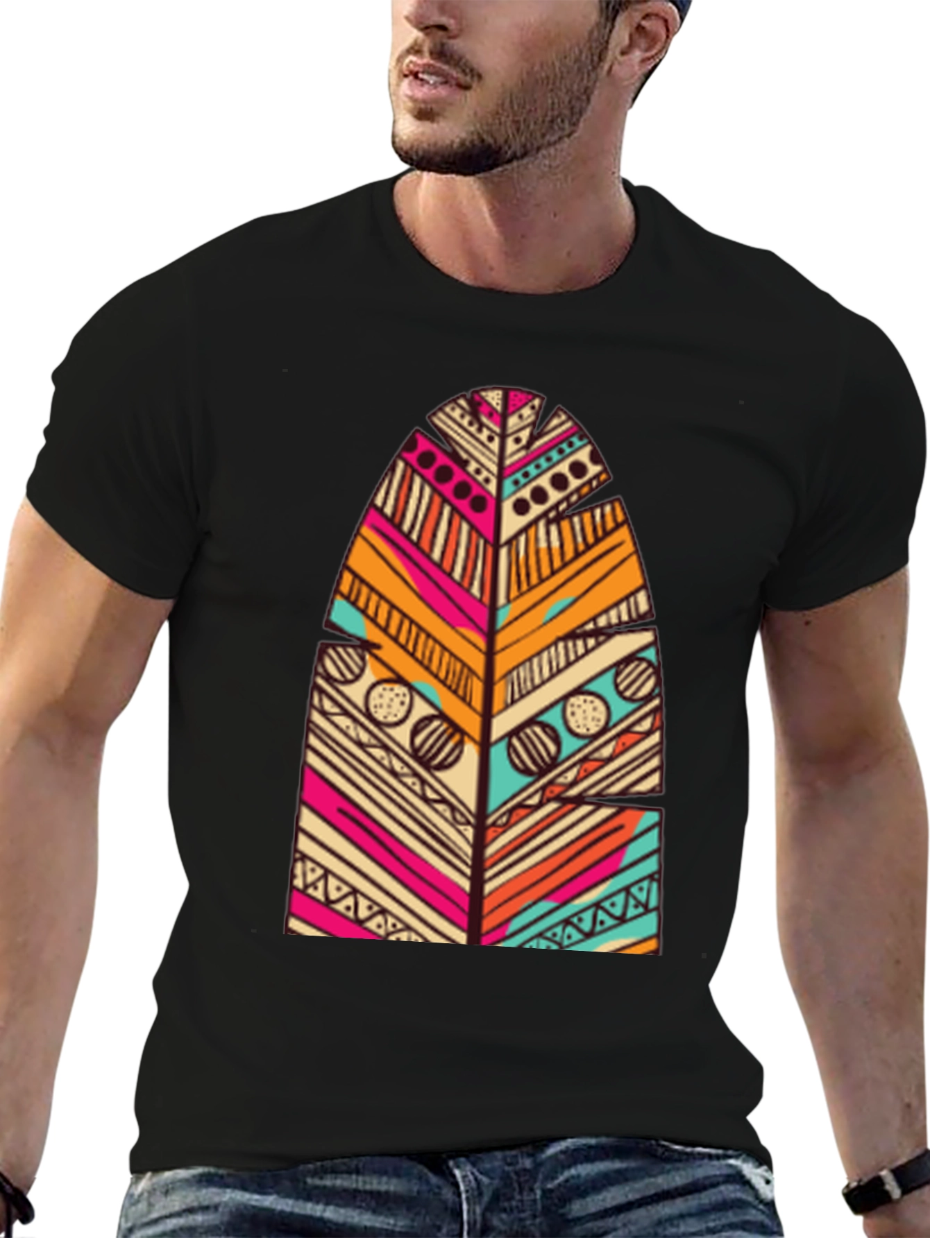 Tribal Feather Print Black T-Shirt