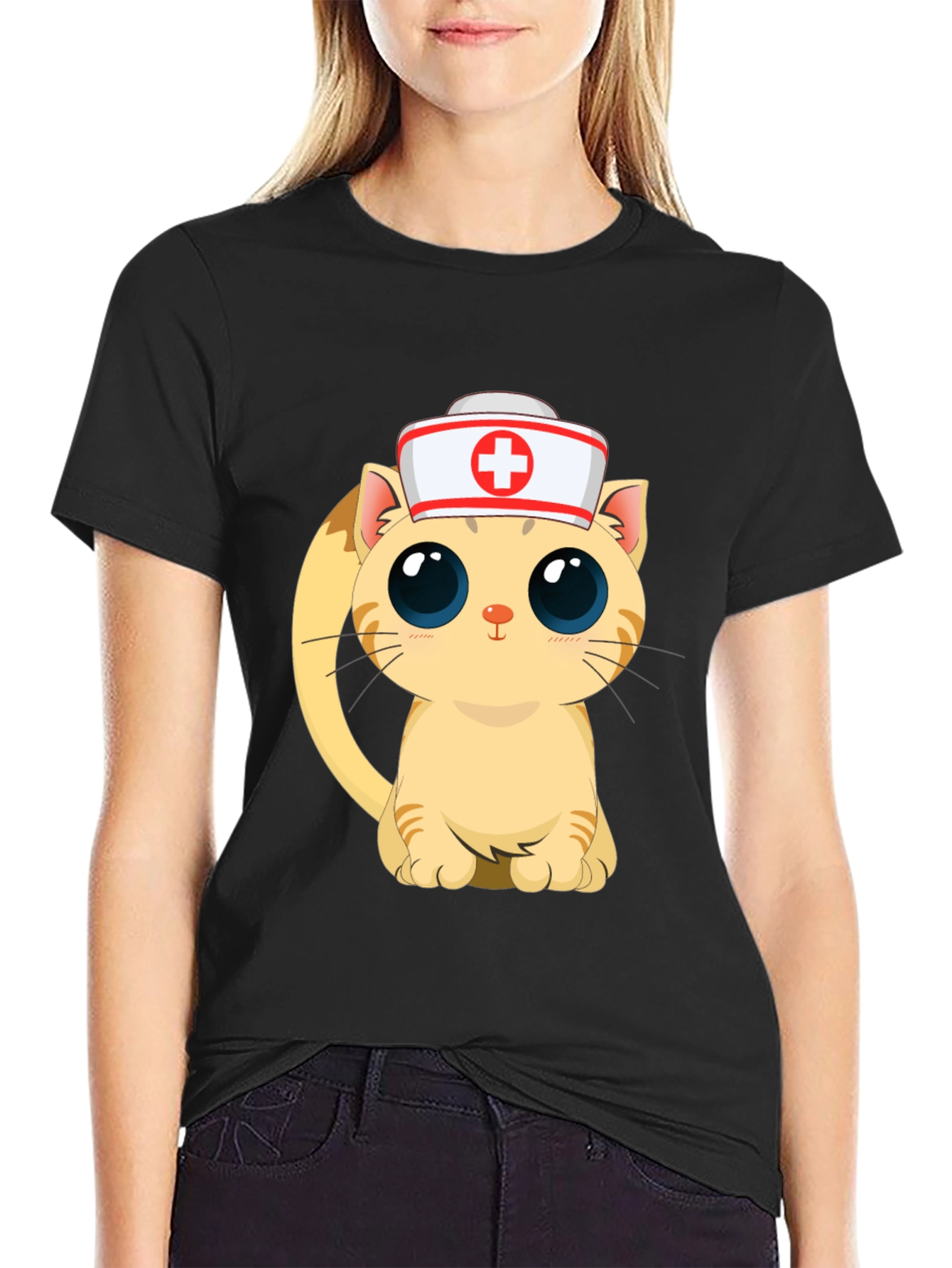 Cute Nurse Cat Black T-Shirt
