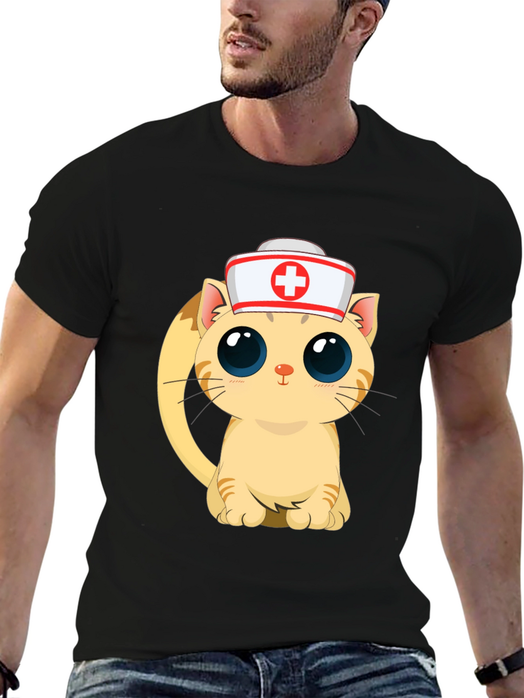 Cute Nurse Cat Black T-Shirt