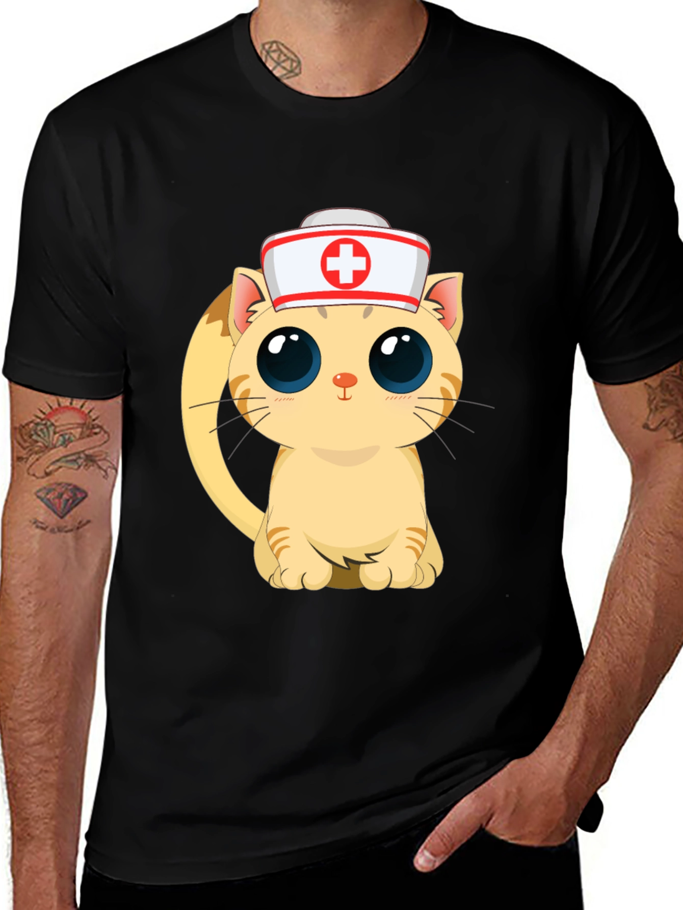 Cute Nurse Cat Black T-Shirt