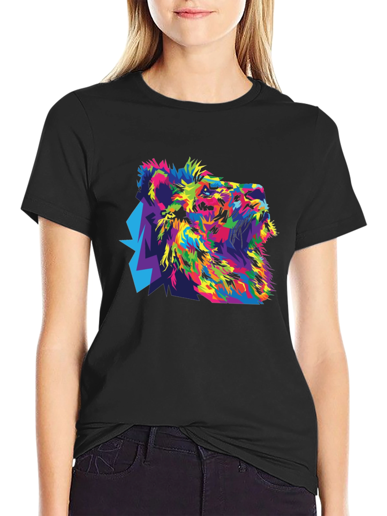 Colorful Lion Graphic Black T-Shirt