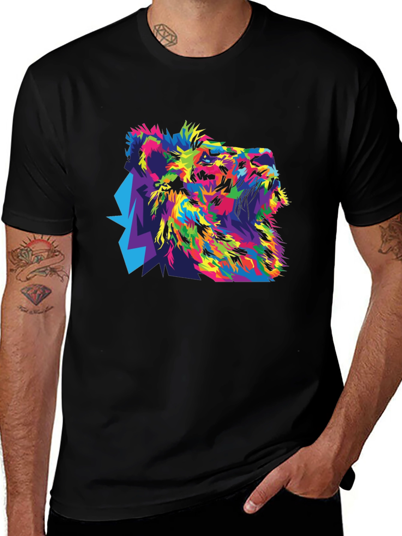 Colorful Lion Graphic Black T-Shirt