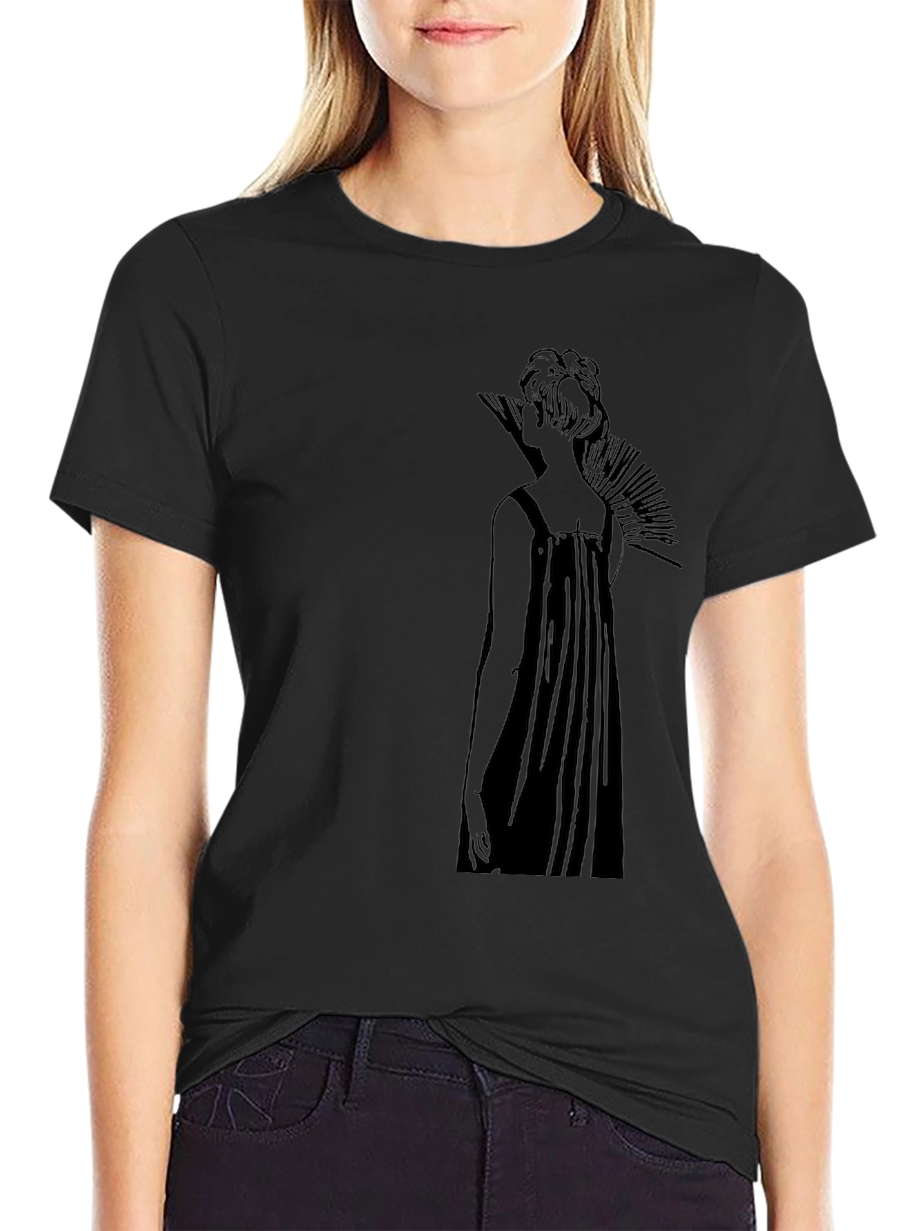 Elegant Black T-Shirt with Artistic Woman Design