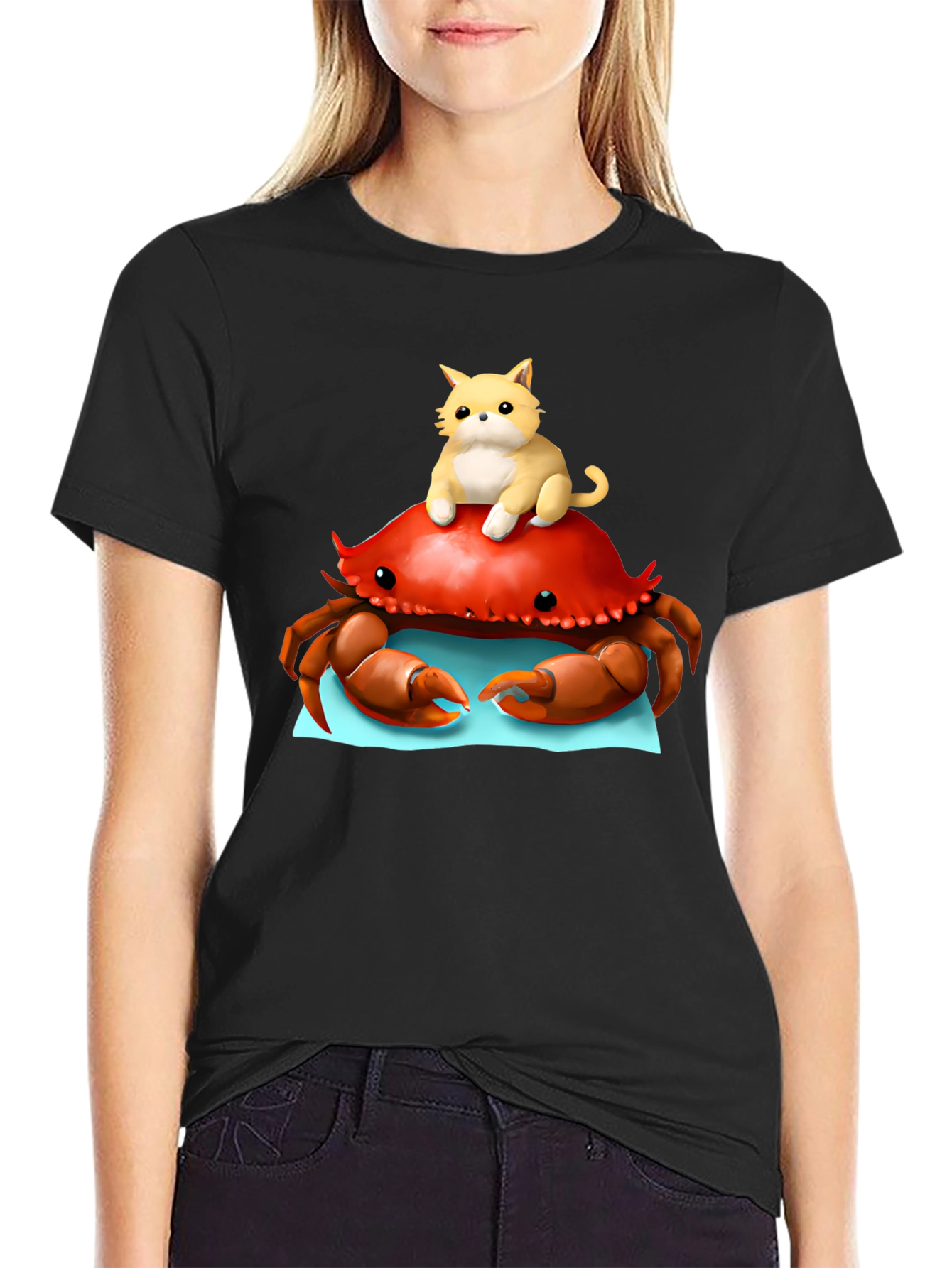 Crab & Cat Graphic Tee - Unique Black T-Shirt