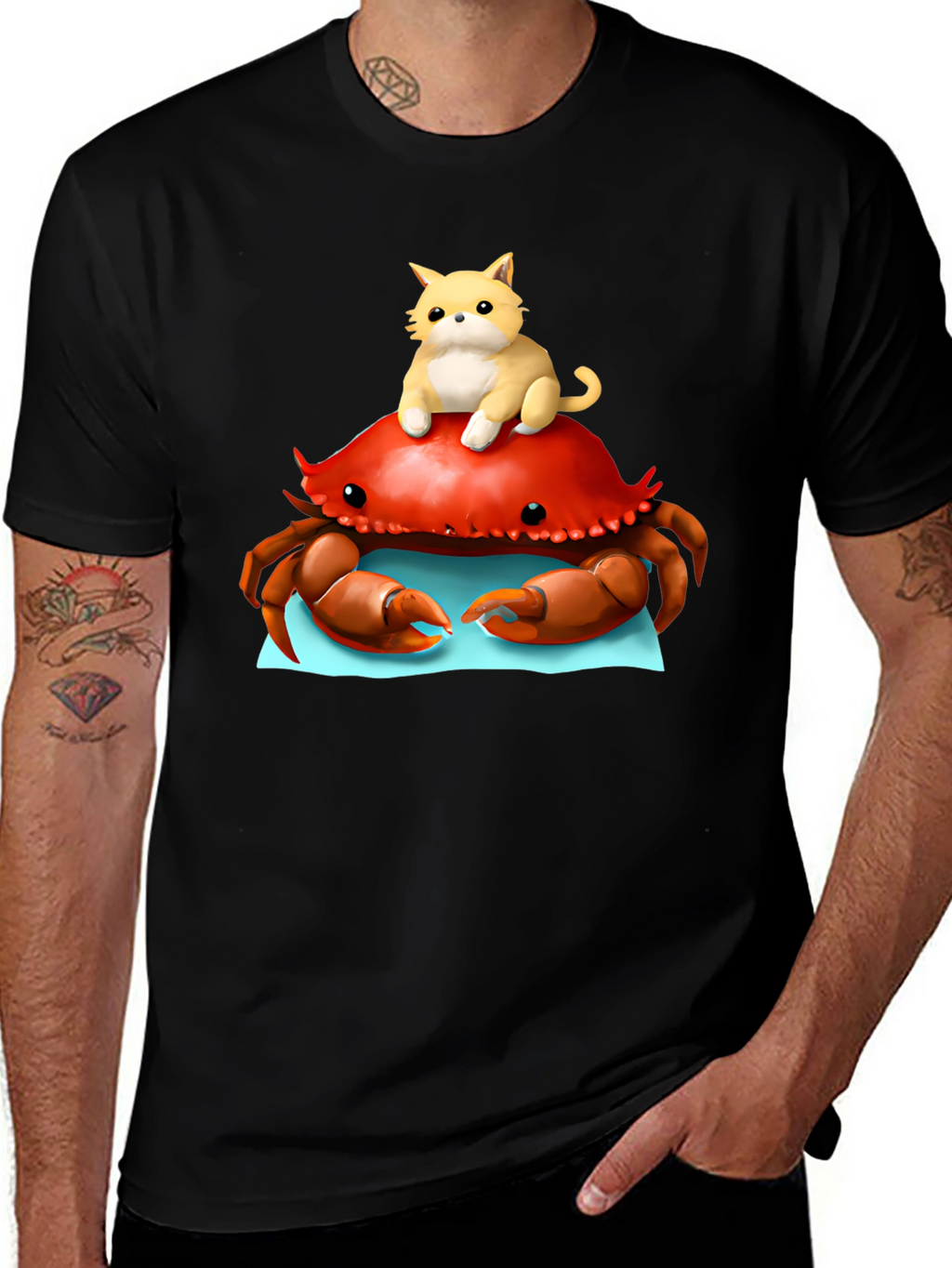 Crab & Cat Graphic Tee - Unique Black T-Shirt