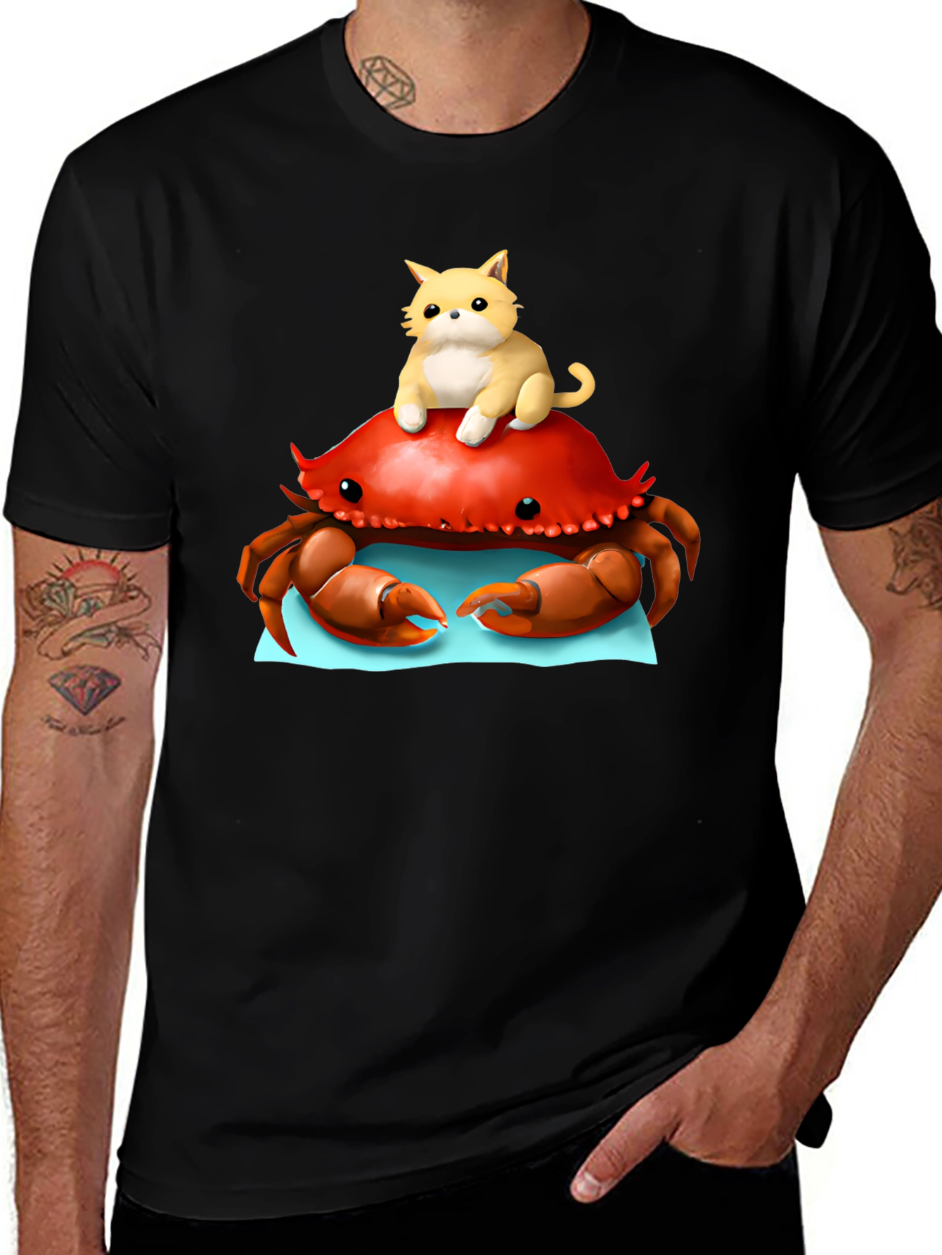 Crab & Cat Graphic Tee - Unique Black T-Shirt