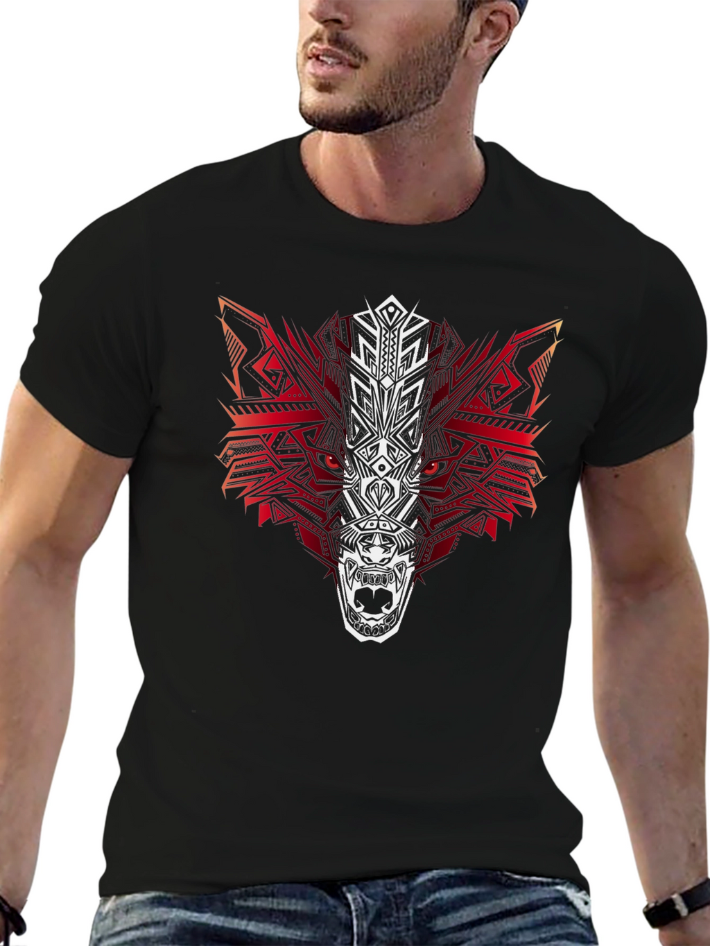 Tribal Wolf Graphic Tee - Mens Black T-Shirt