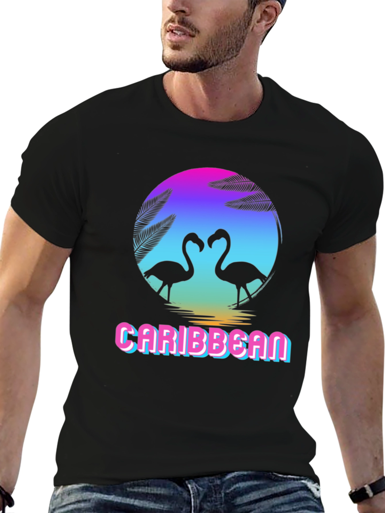 Caribbean Flamingo Black T-Shirt