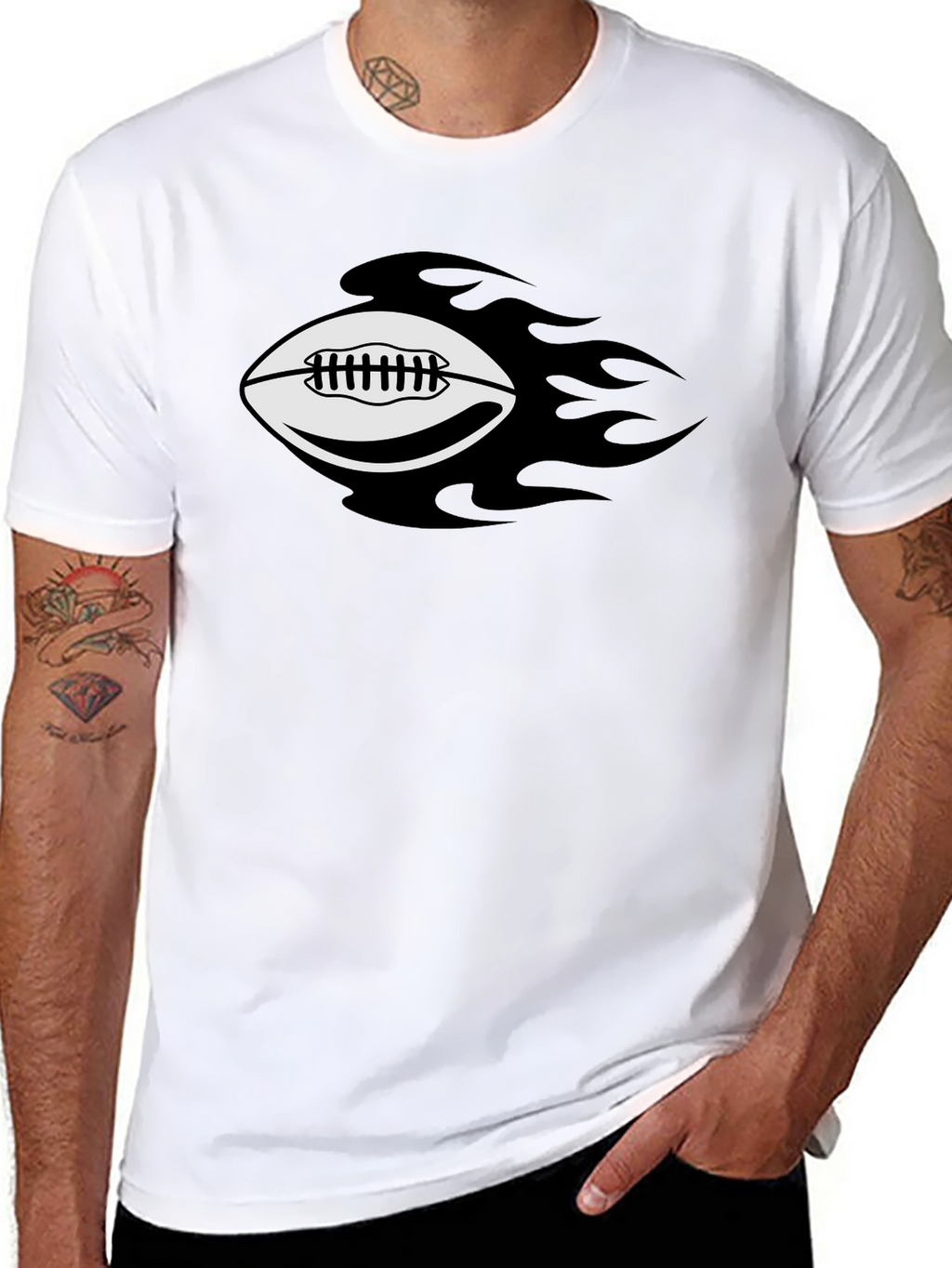 Flaming Football Graphic Tee - Black Cotton T-Shirt
