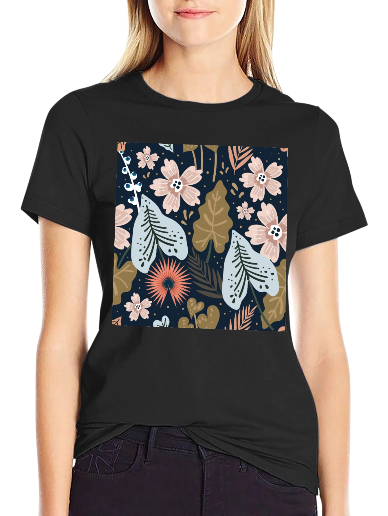 Floral Print Black Tee