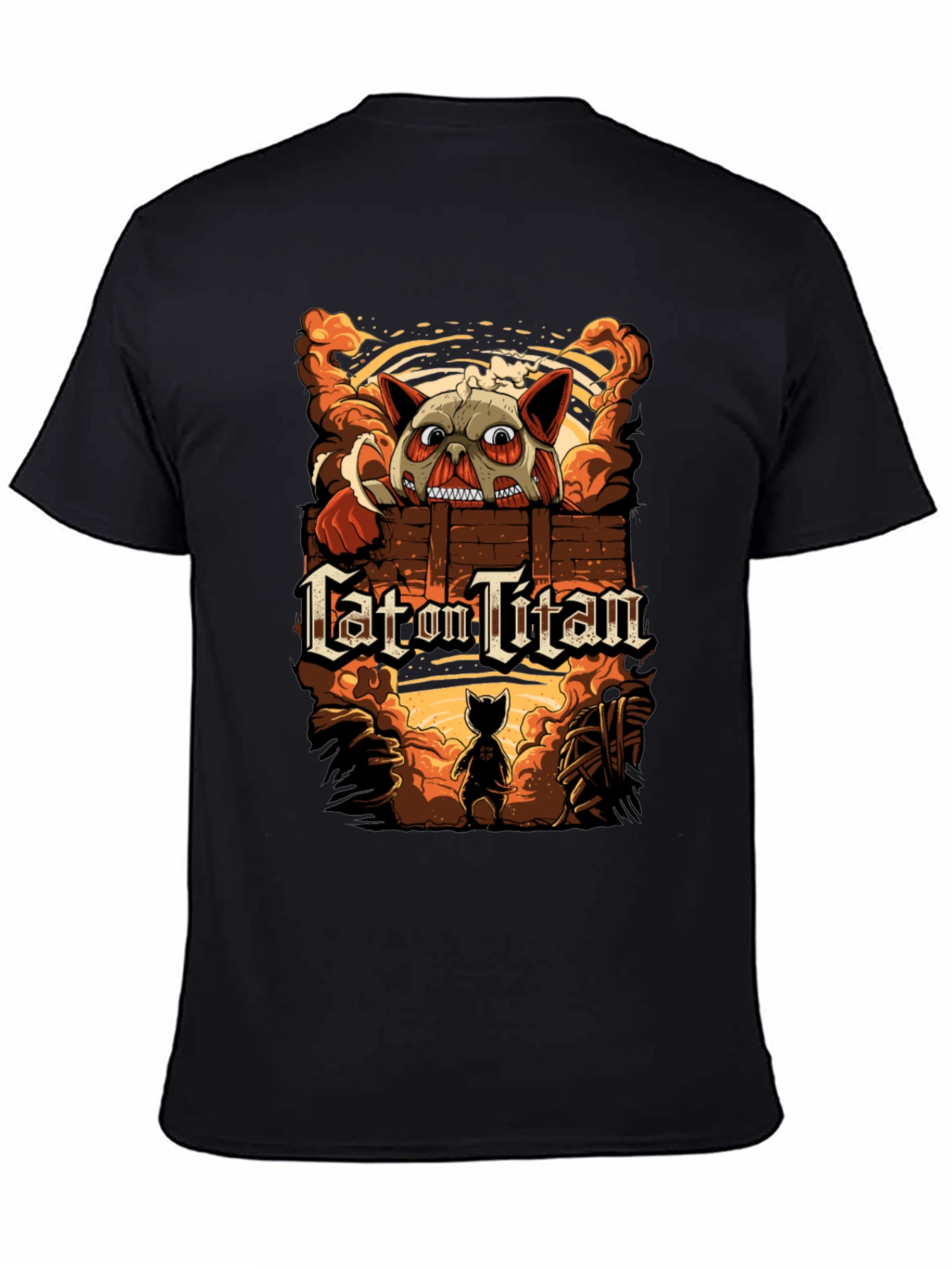 Cat On Titan Black T-Shirt: Attack on Titan Spoof Tee