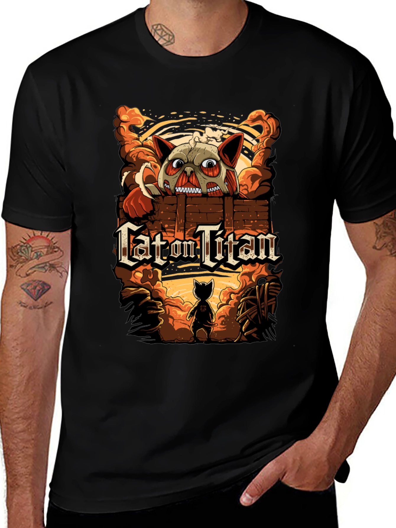 Cat On Titan Black T-Shirt: Attack on Titan Spoof Tee