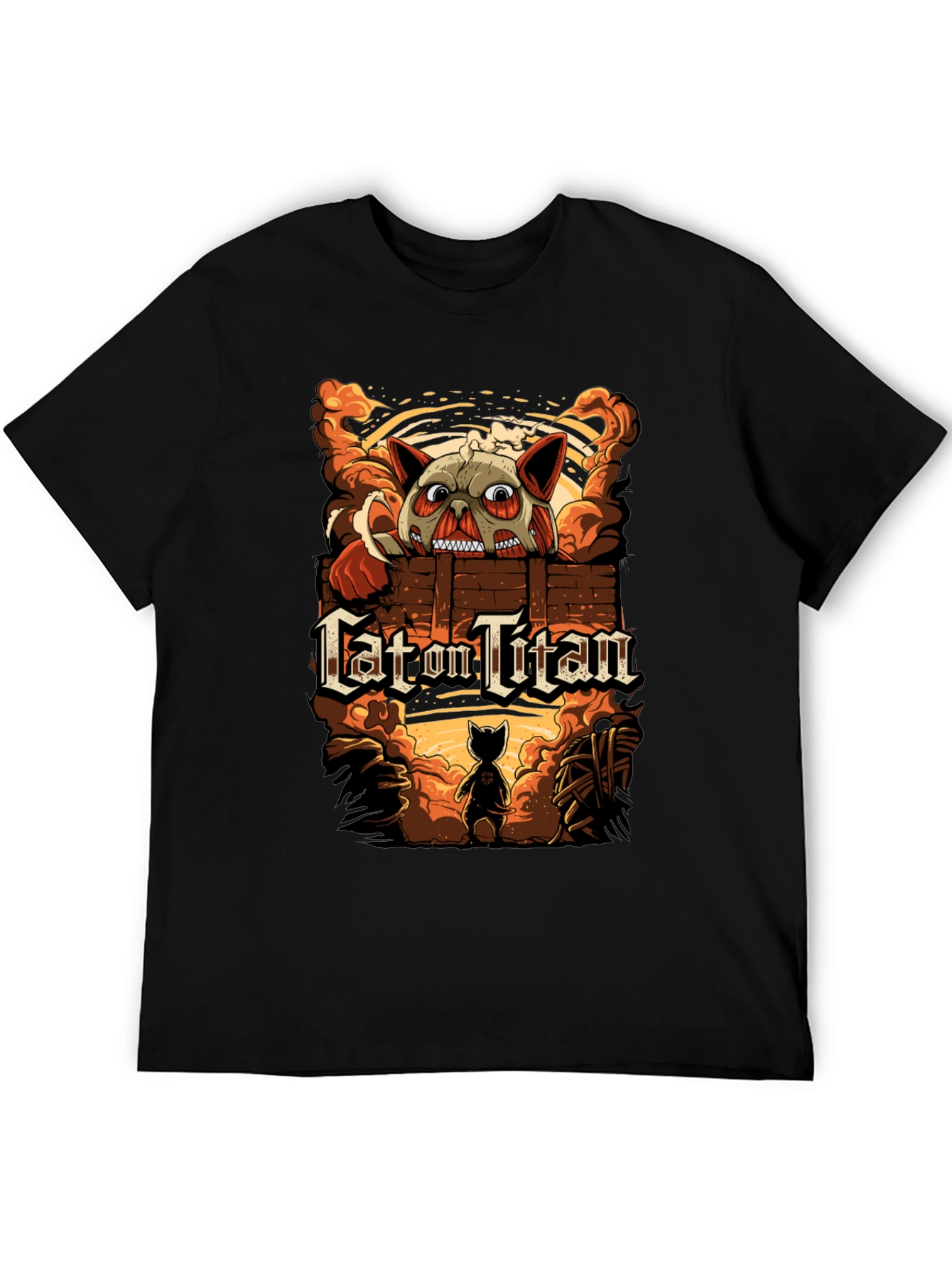 Cat On Titan Black T-Shirt: Attack on Titan Spoof Tee