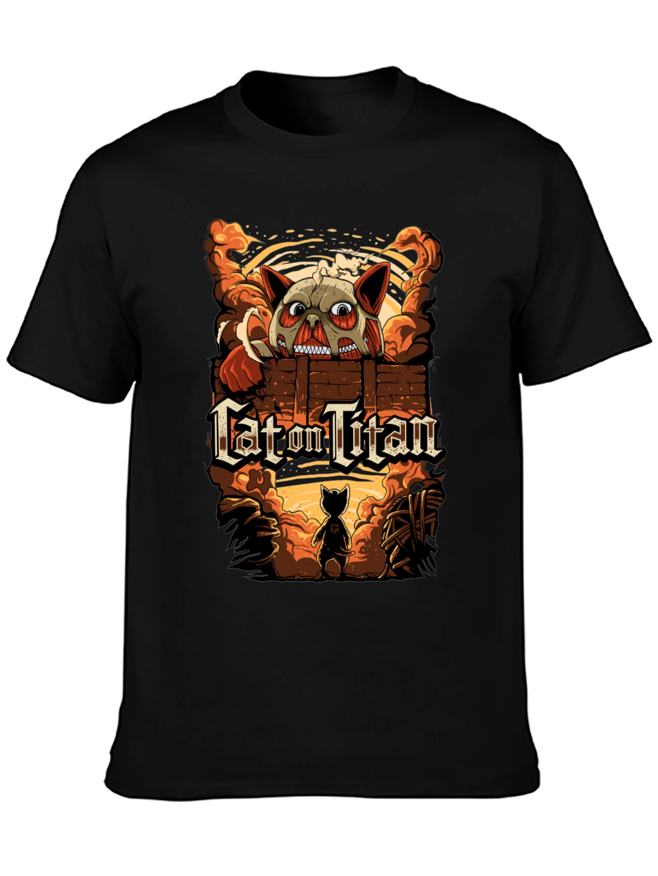 Cat On Titan Black T-Shirt: Attack on Titan Spoof Tee