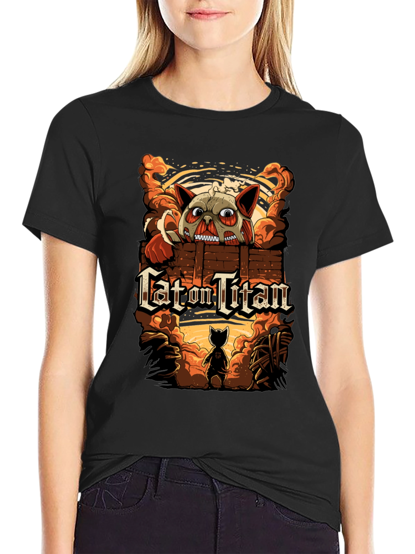Cat On Titan Black T-Shirt: Attack on Titan Spoof Tee