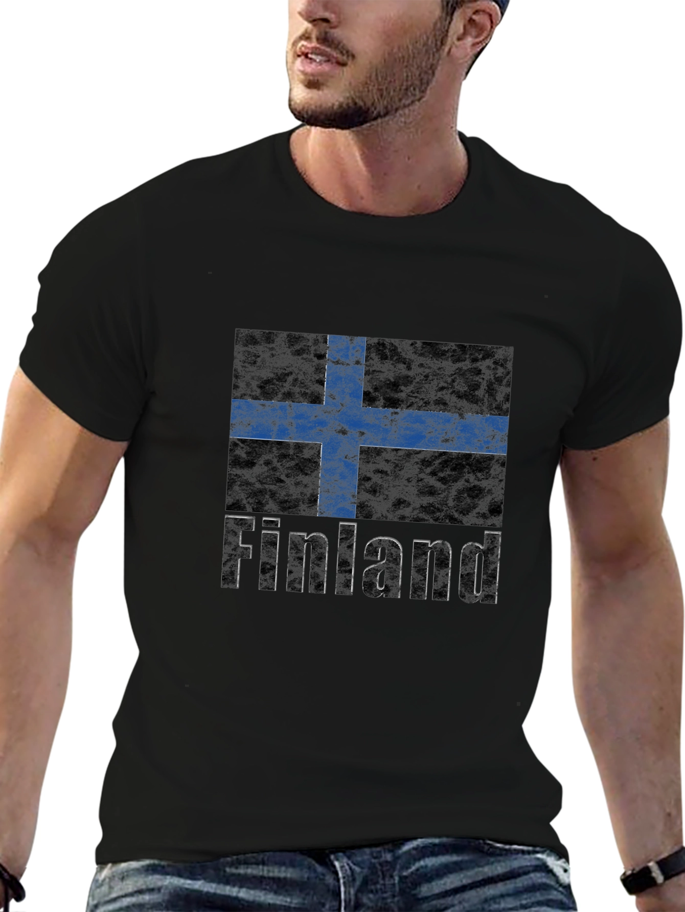 Finland Flag Graphic Print Black T-Shirt