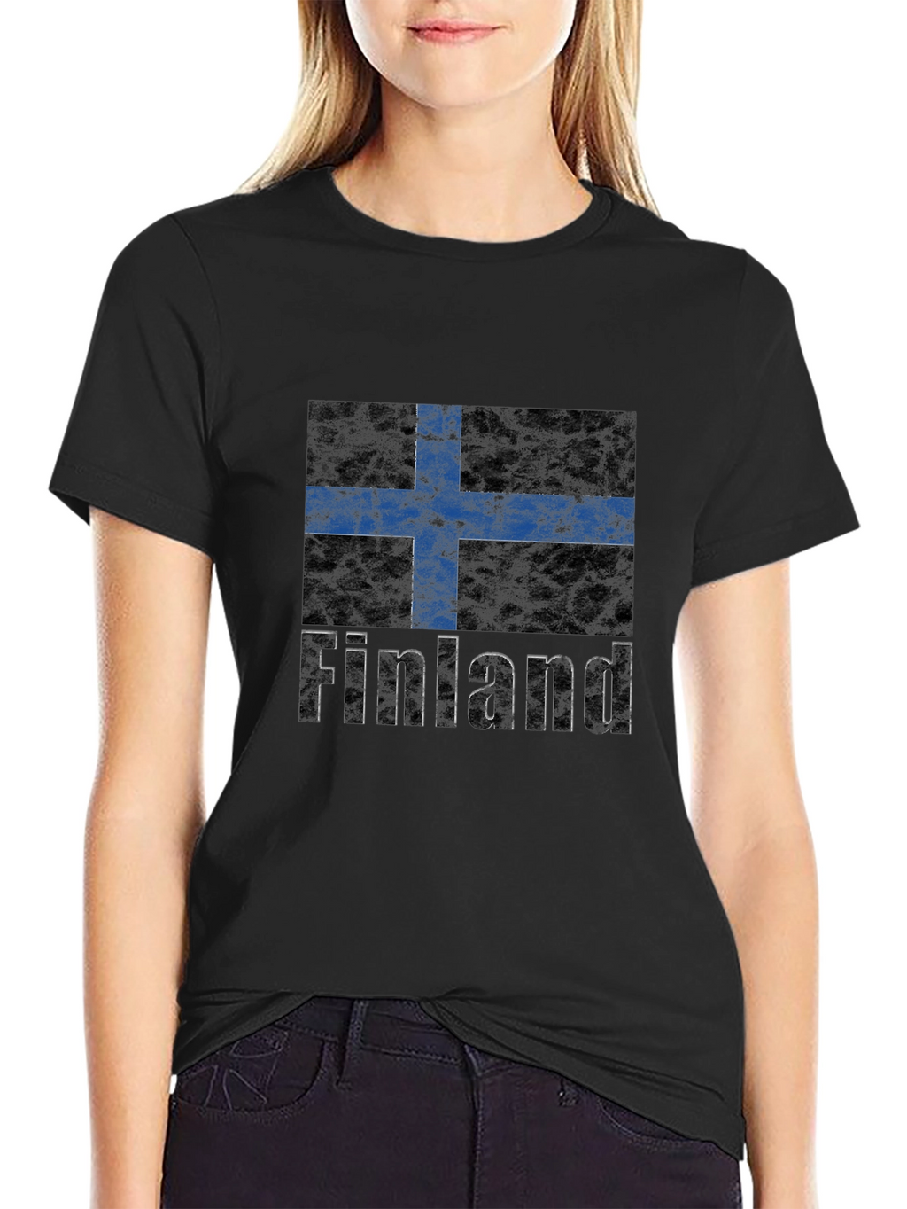 Finland Flag Graphic Print Black T-Shirt