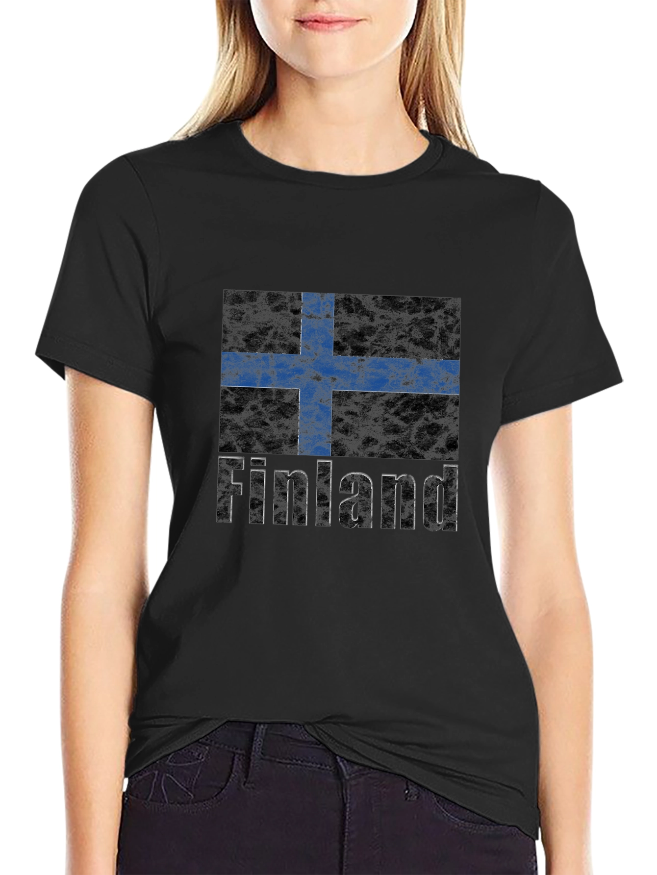 Finland Flag Graphic Print Black T-Shirt