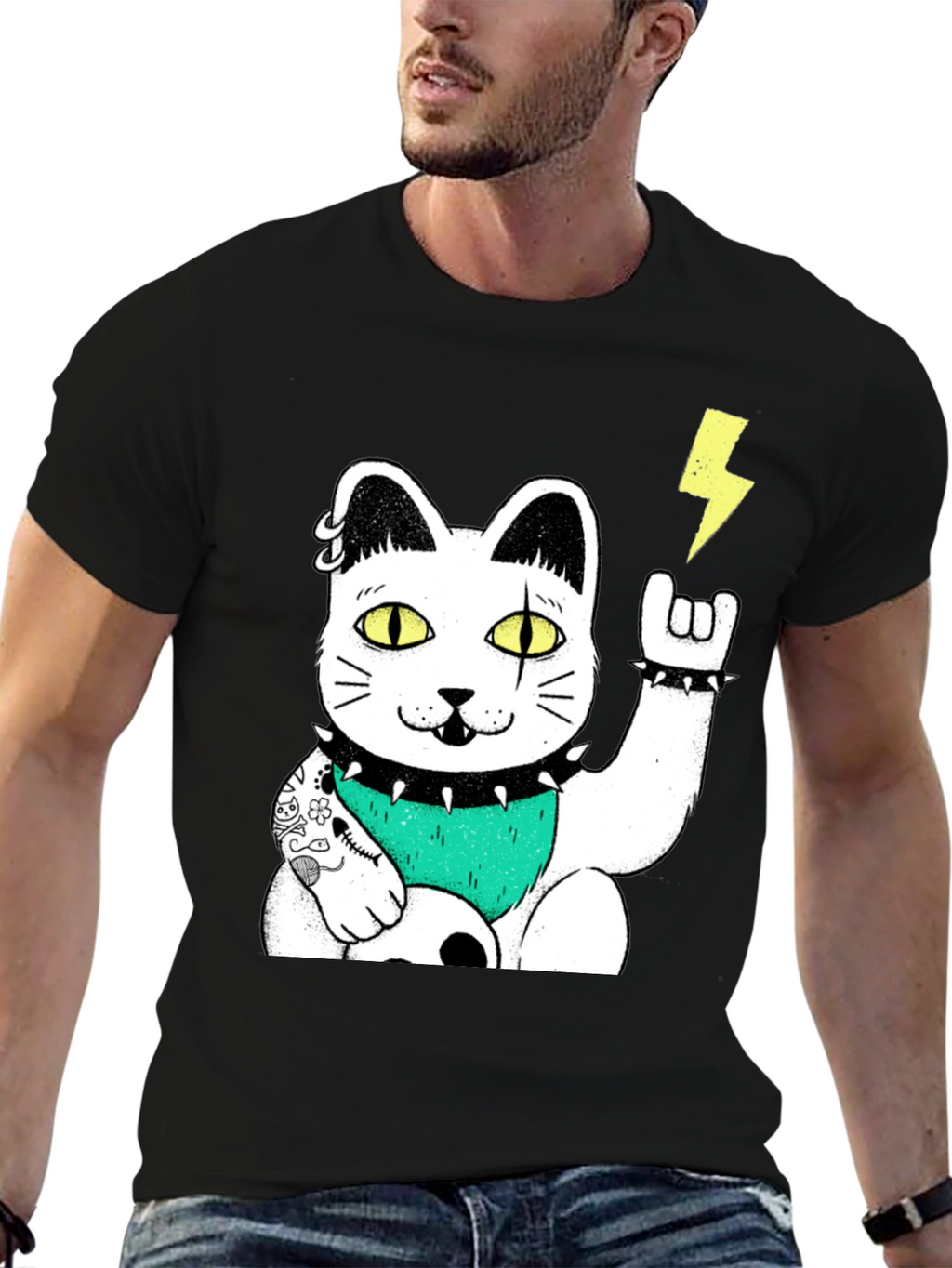 Punk Rock Lucky Cat T-Shirt - Black Cotton Tee