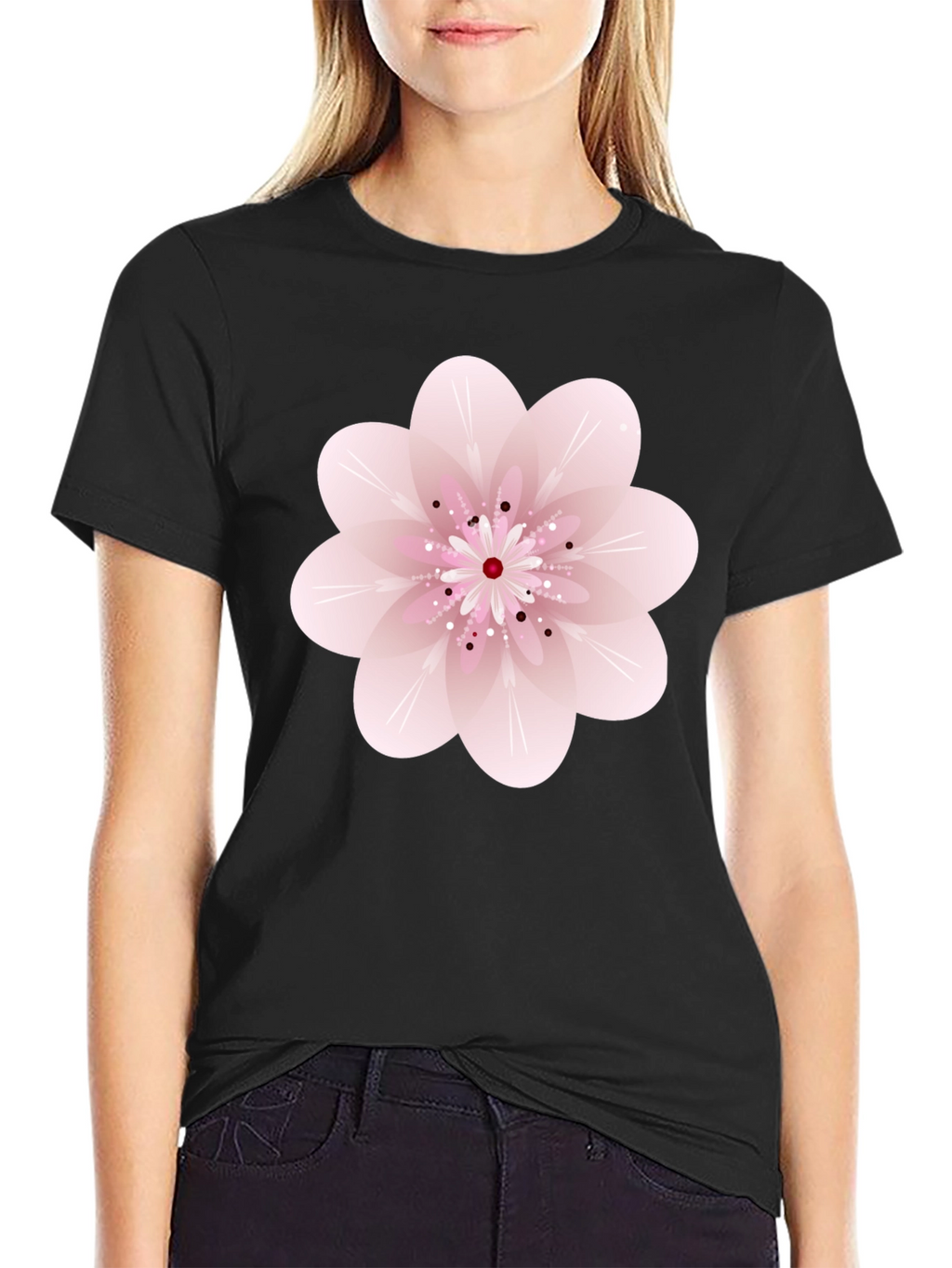 Black T-Shirt with Pink Floral Design