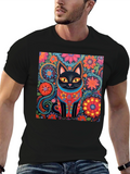 Floral Cat Graphic Tee - Unique Design T-Shirt