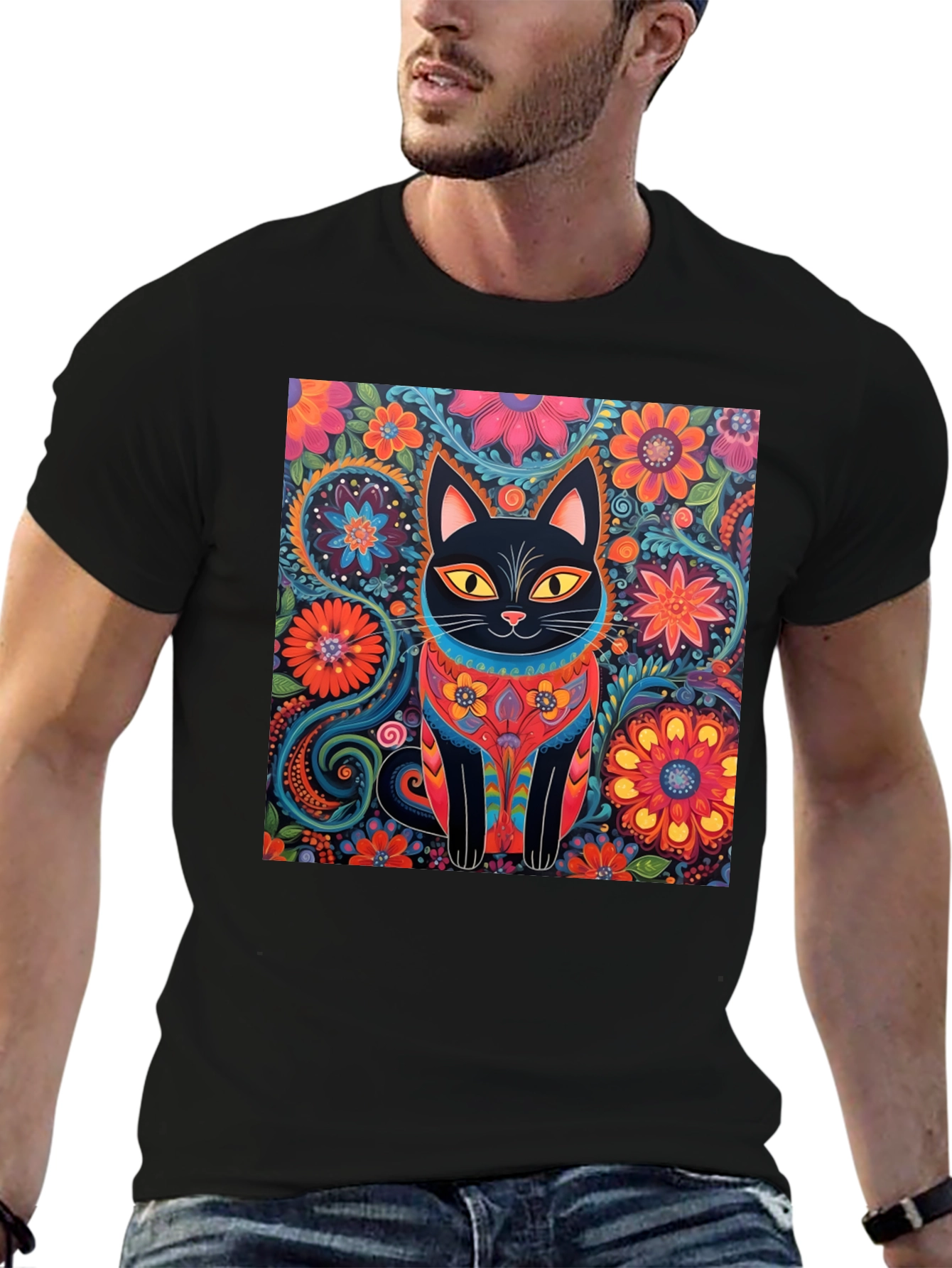 Floral Cat Graphic Tee - Unique Design T-Shirt
