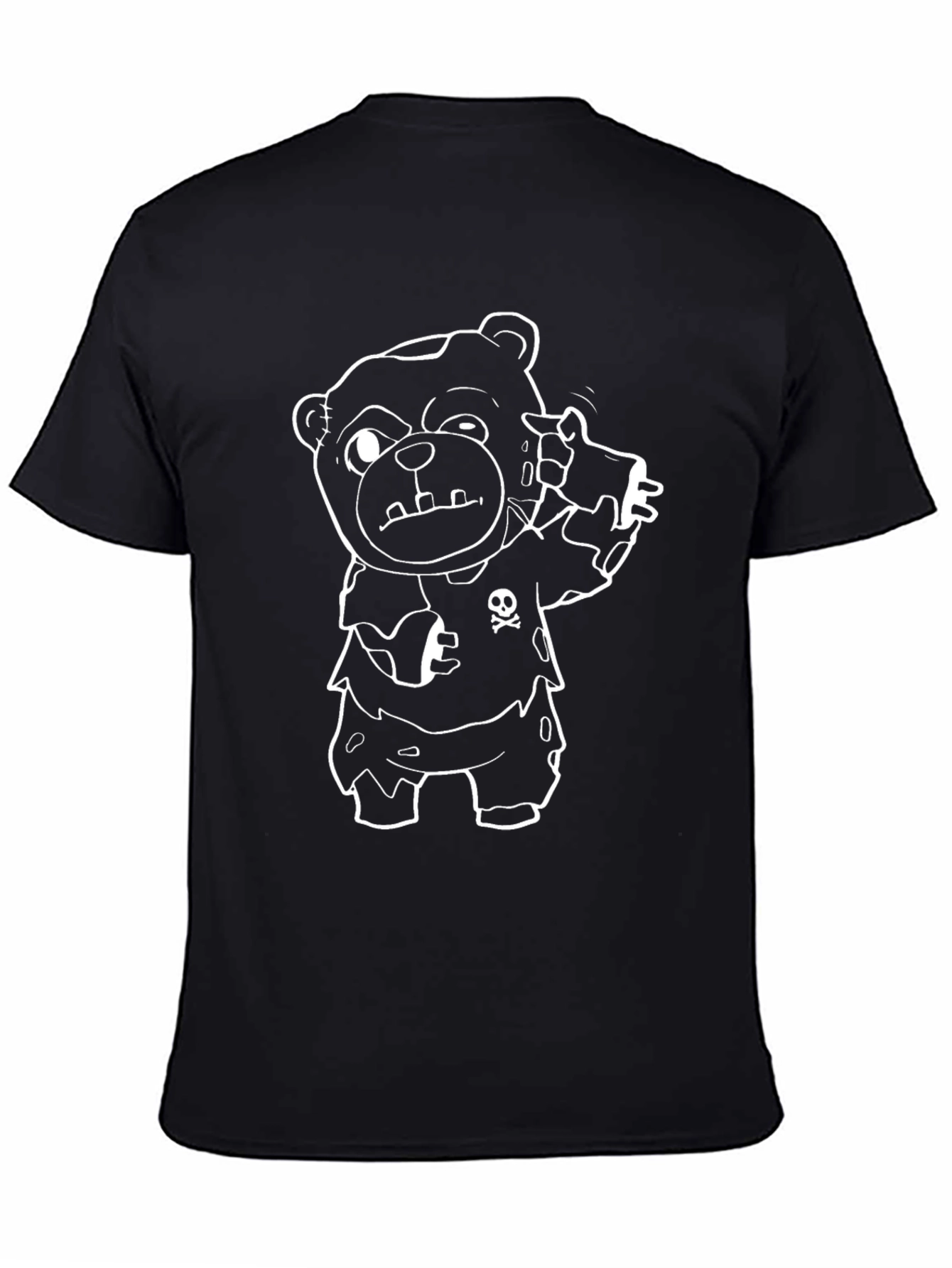 Cartoon Teddy Bear Tee - Black Crew Neck Cotton T-Shirt