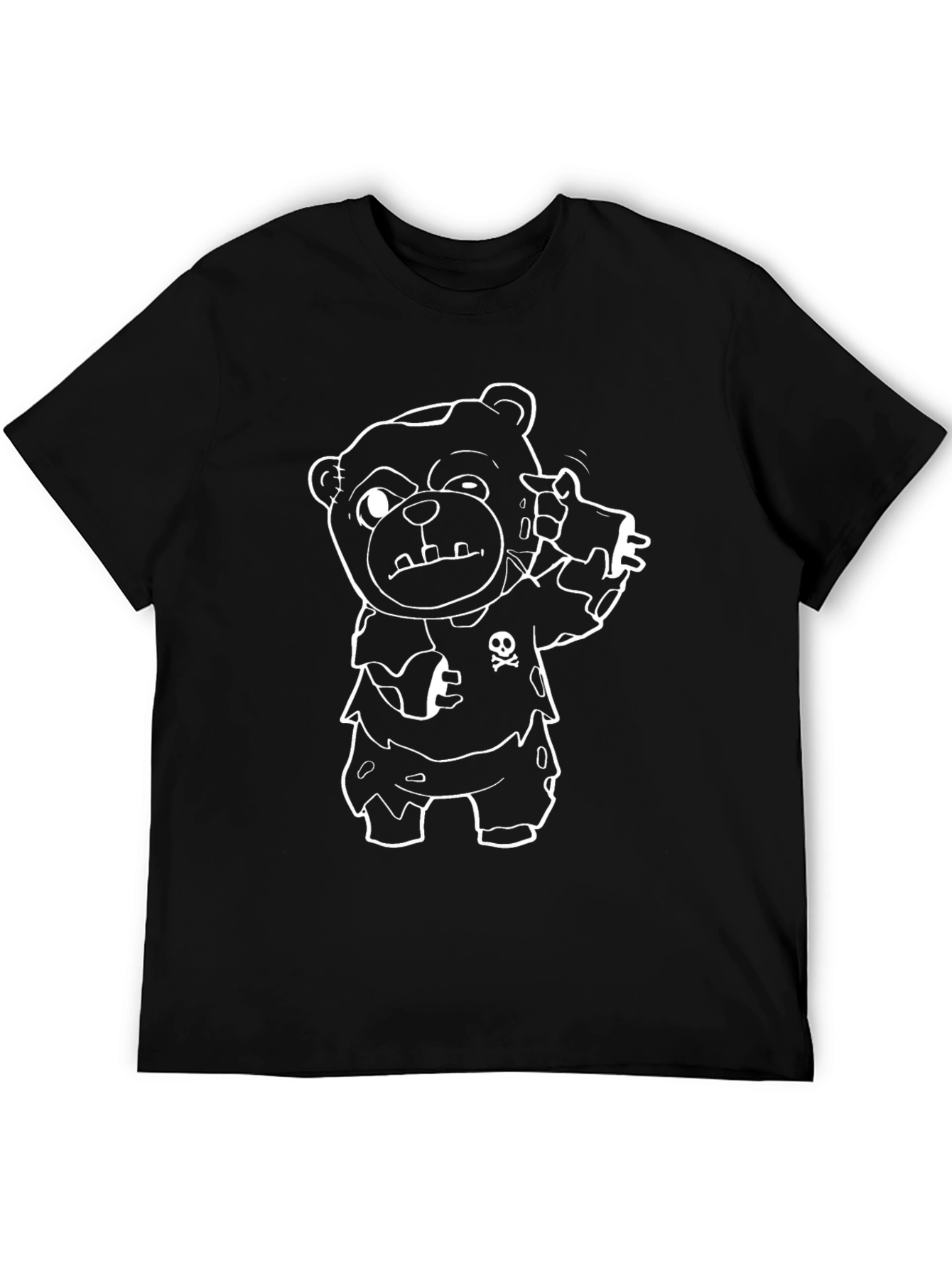 Cartoon Teddy Bear Tee - Black Crew Neck Cotton T-Shirt