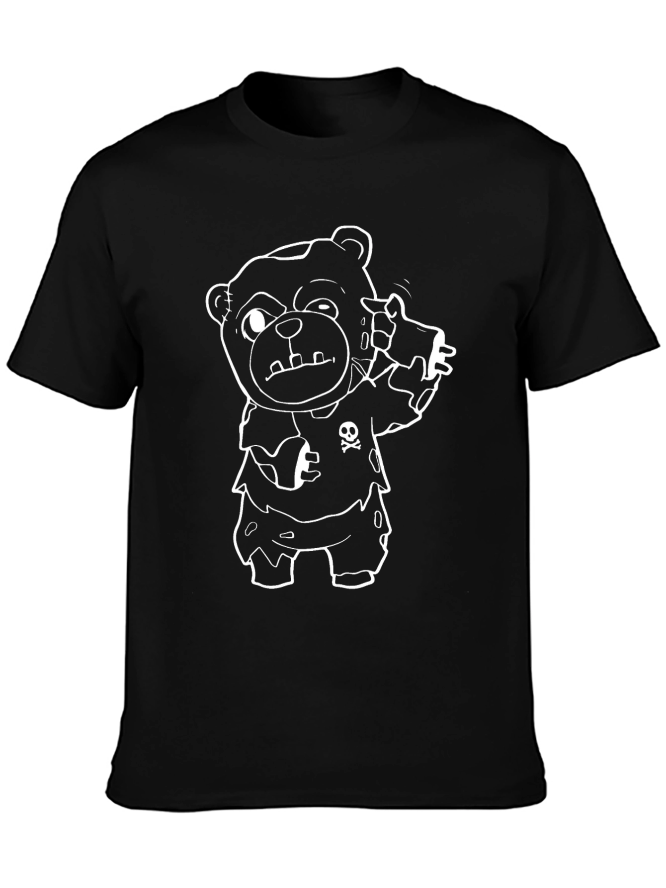 Cartoon Teddy Bear Tee - Black Crew Neck Cotton T-Shirt