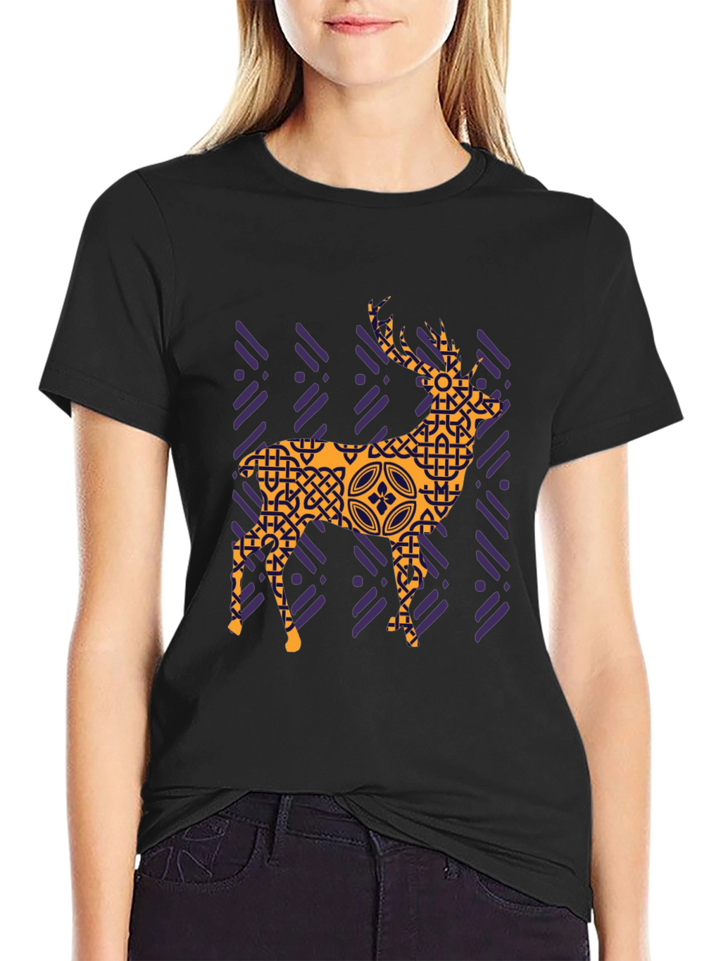 Geometric Deer Graphic Tee - Black