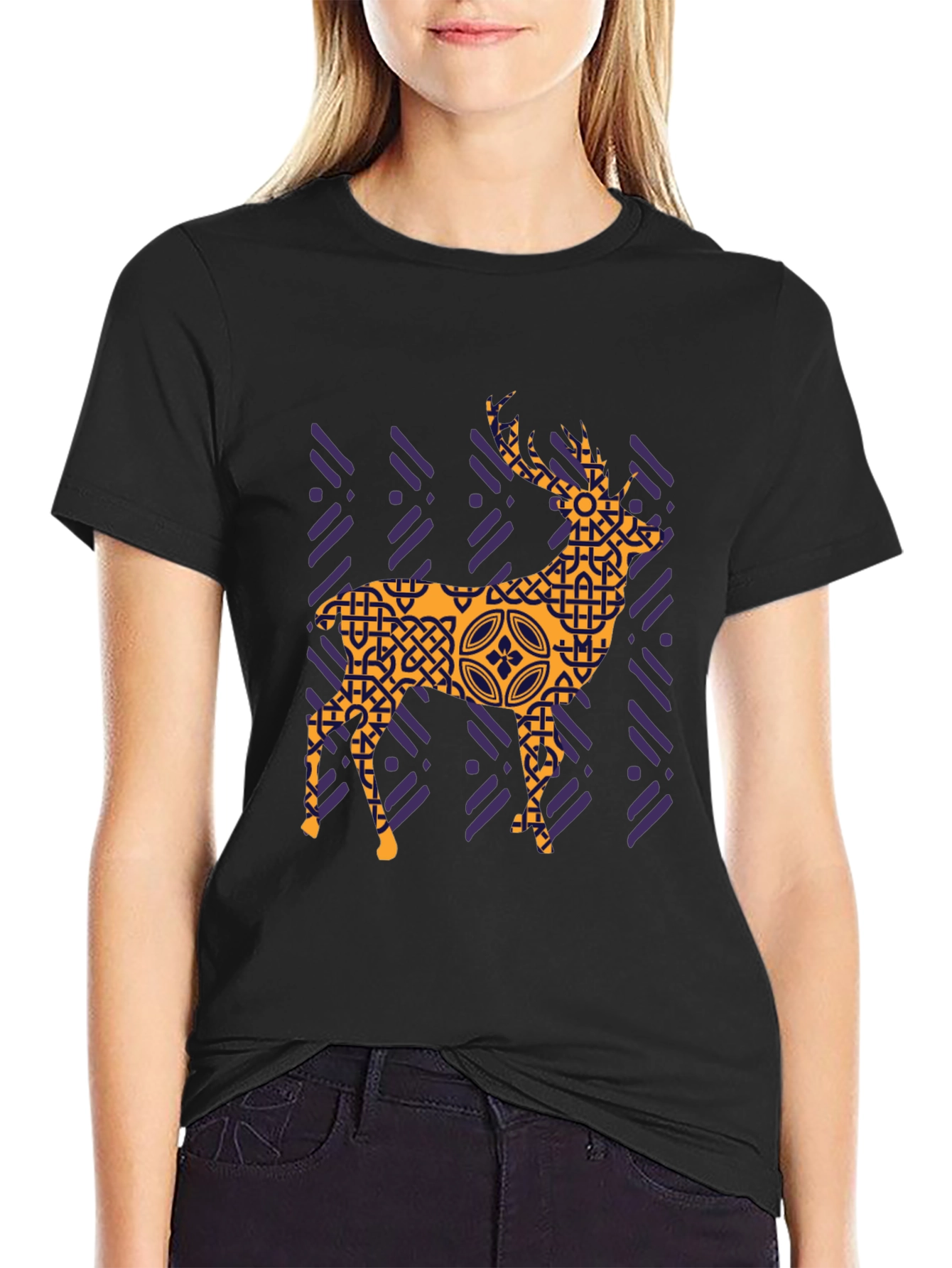 Geometric Deer Graphic Tee - Black